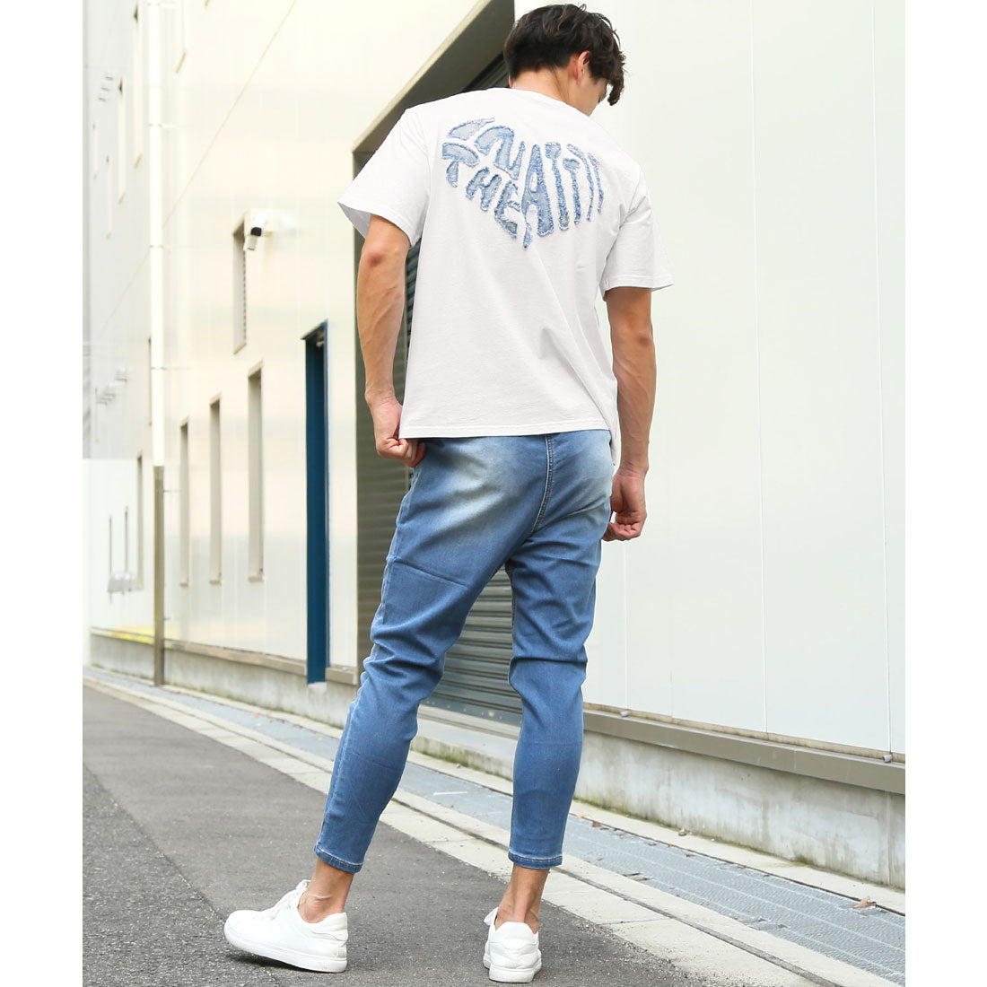 ラグスタイル LUXSTYLE バックデニムハートロゴアップリケ半袖Tシャツ/トップス カットソー メンズ デニム ハート アップリケ 切り替え リメイク風 配色 ロゴ 刺繍 綿 コットン （ホワイト） ホワイト