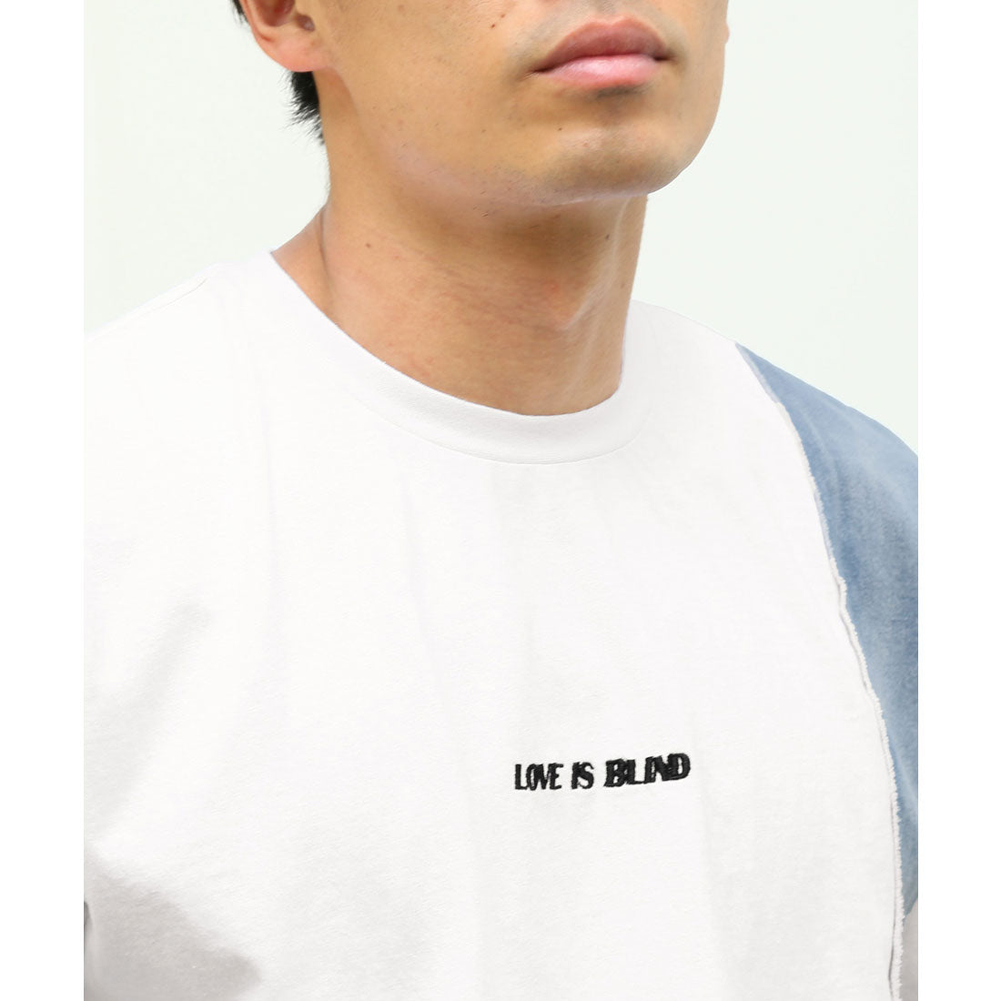 ラグスタイル LUXSTYLE バックデニムハートロゴアップリケ半袖Tシャツ/トップス カットソー メンズ デニム ハート アップリケ 切り替え リメイク風 配色 ロゴ 刺繍 綿 コットン （ホワイト） ホワイト