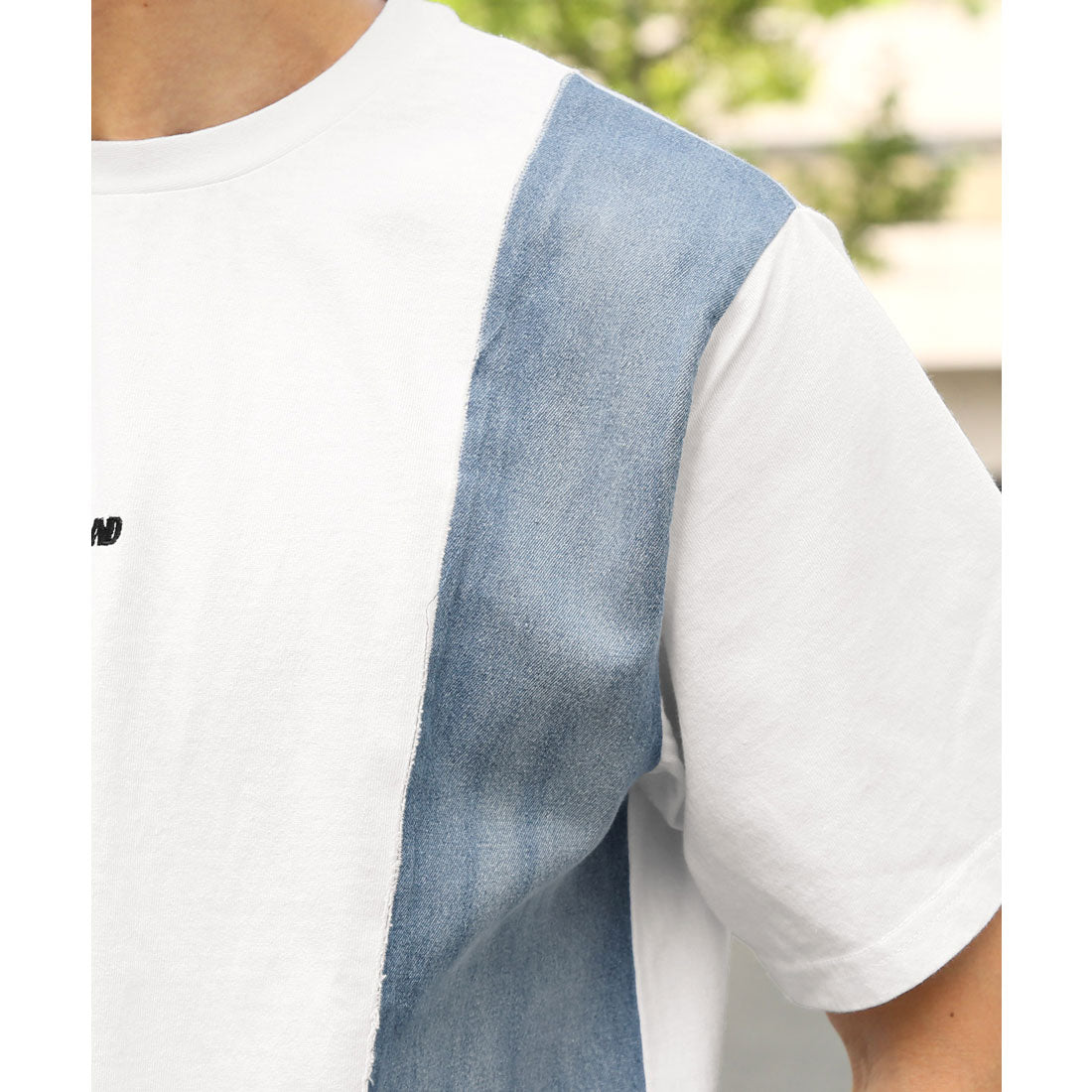 ラグスタイル LUXSTYLE バックデニムハートロゴアップリケ半袖Tシャツ/トップス カットソー メンズ デニム ハート アップリケ 切り替え リメイク風 配色 ロゴ 刺繍 綿 コットン （ホワイト） ホワイト