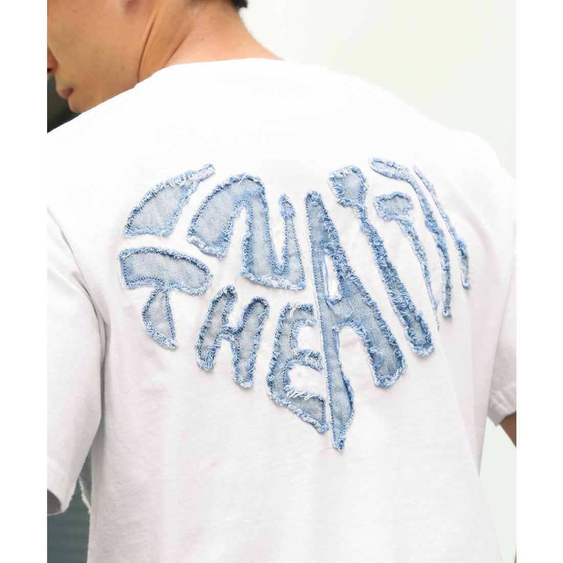 ラグスタイル LUXSTYLE バックデニムハートロゴアップリケ半袖Tシャツ/トップス カットソー メンズ デニム ハート アップリケ 切り替え リメイク風 配色 ロゴ 刺繍 綿 コットン （ホワイト） ホワイト