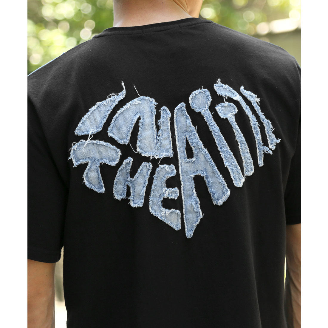 ラグスタイル LUXSTYLE バックデニムハートロゴアップリケ半袖Tシャツ/トップス カットソー メンズ デニム ハート アップリケ 切り替え リメイク風 配色 ロゴ 刺繍 綿 コットン （ホワイト） ホワイト