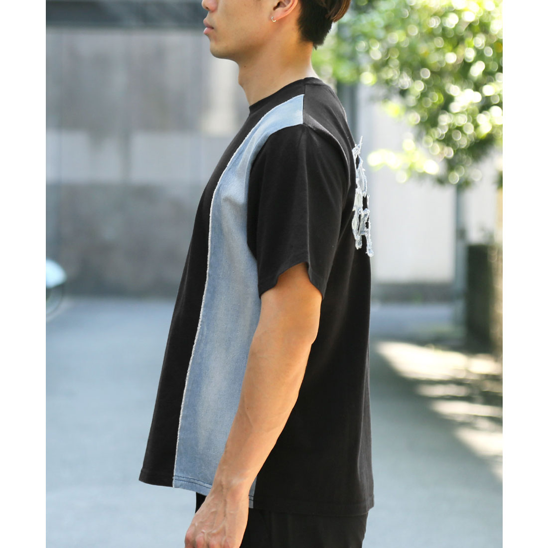 ラグスタイル LUXSTYLE バックデニムハートロゴアップリケ半袖Tシャツ/トップス カットソー メンズ デニム ハート アップリケ 切り替え リメイク風 配色 ロゴ 刺繍 綿 コットン （ホワイト） ホワイト