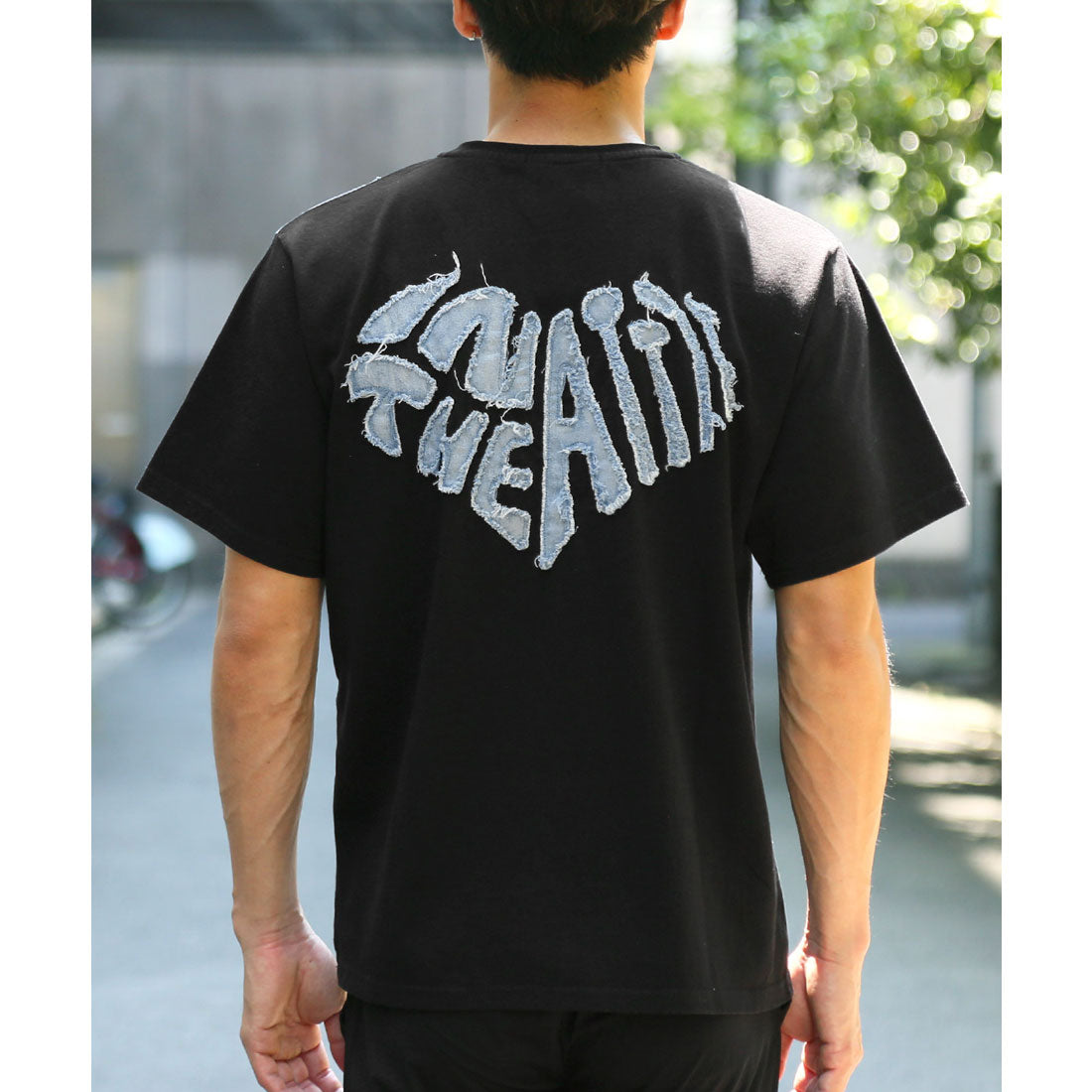 ラグスタイル LUXSTYLE バックデニムハートロゴアップリケ半袖Tシャツ/トップス カットソー メンズ デニム ハート アップリケ 切り替え リメイク風 配色 ロゴ 刺繍 綿 コットン （ホワイト） ホワイト