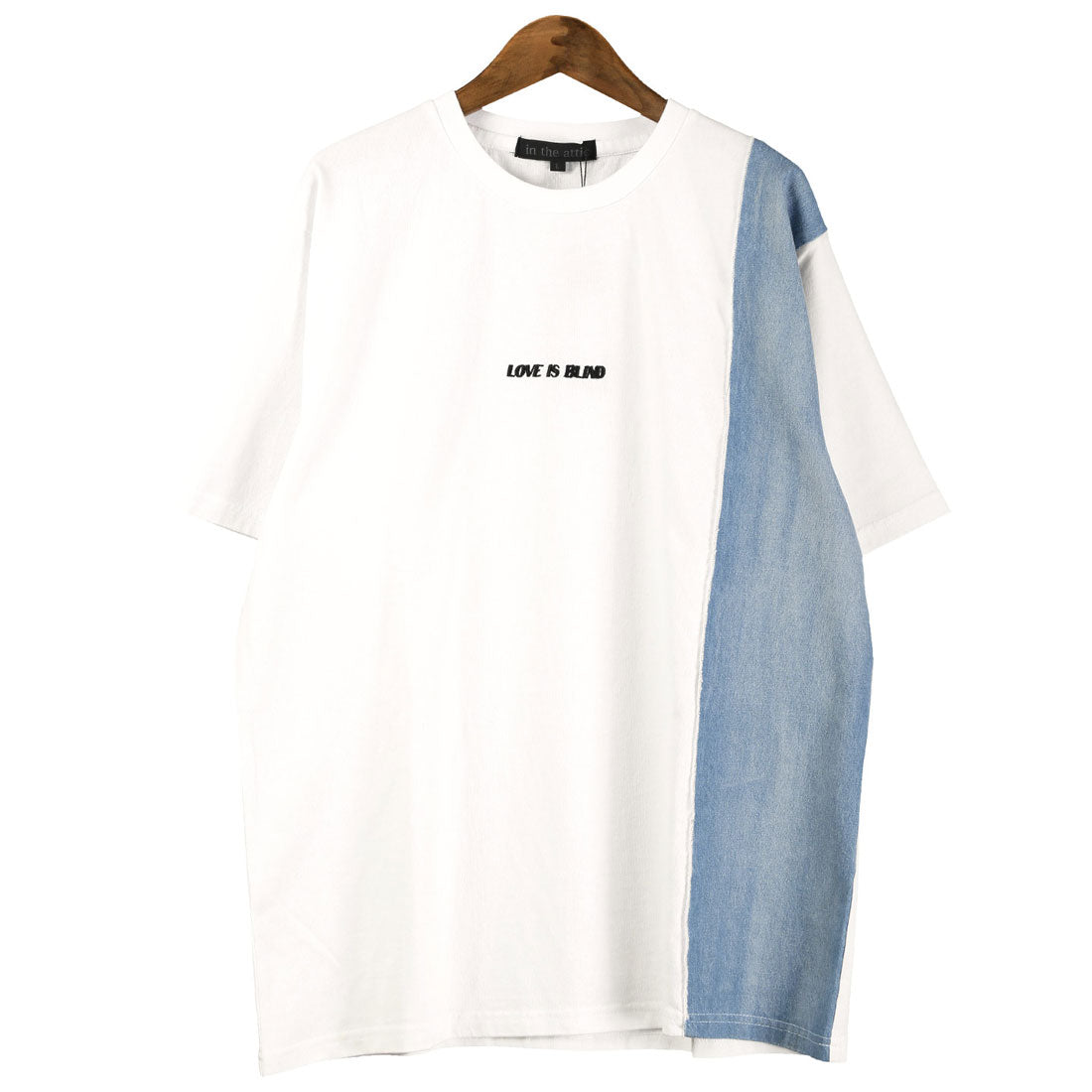 ラグスタイル LUXSTYLE バックデニムハートロゴアップリケ半袖Tシャツ/トップス カットソー メンズ デニム ハート アップリケ 切り替え リメイク風 配色 ロゴ 刺繍 綿 コットン （ホワイト） ホワイト