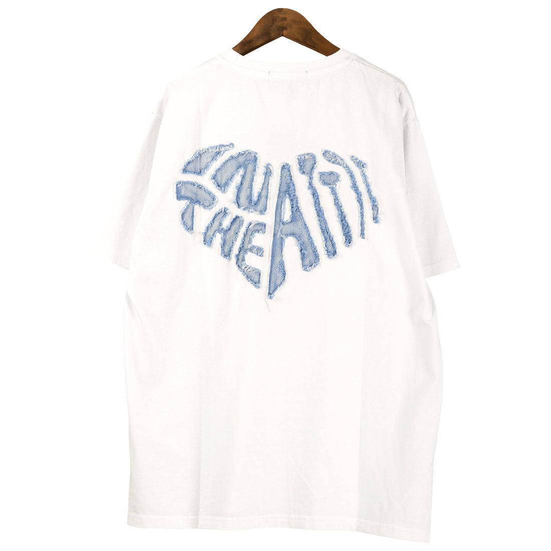 ラグスタイル LUXSTYLE バックデニムハートロゴアップリケ半袖Tシャツ/トップス カットソー メンズ デニム ハート アップリケ 切り替え リメイク風 配色 ロゴ 刺繍 綿 コットン （ホワイト） ホワイト
