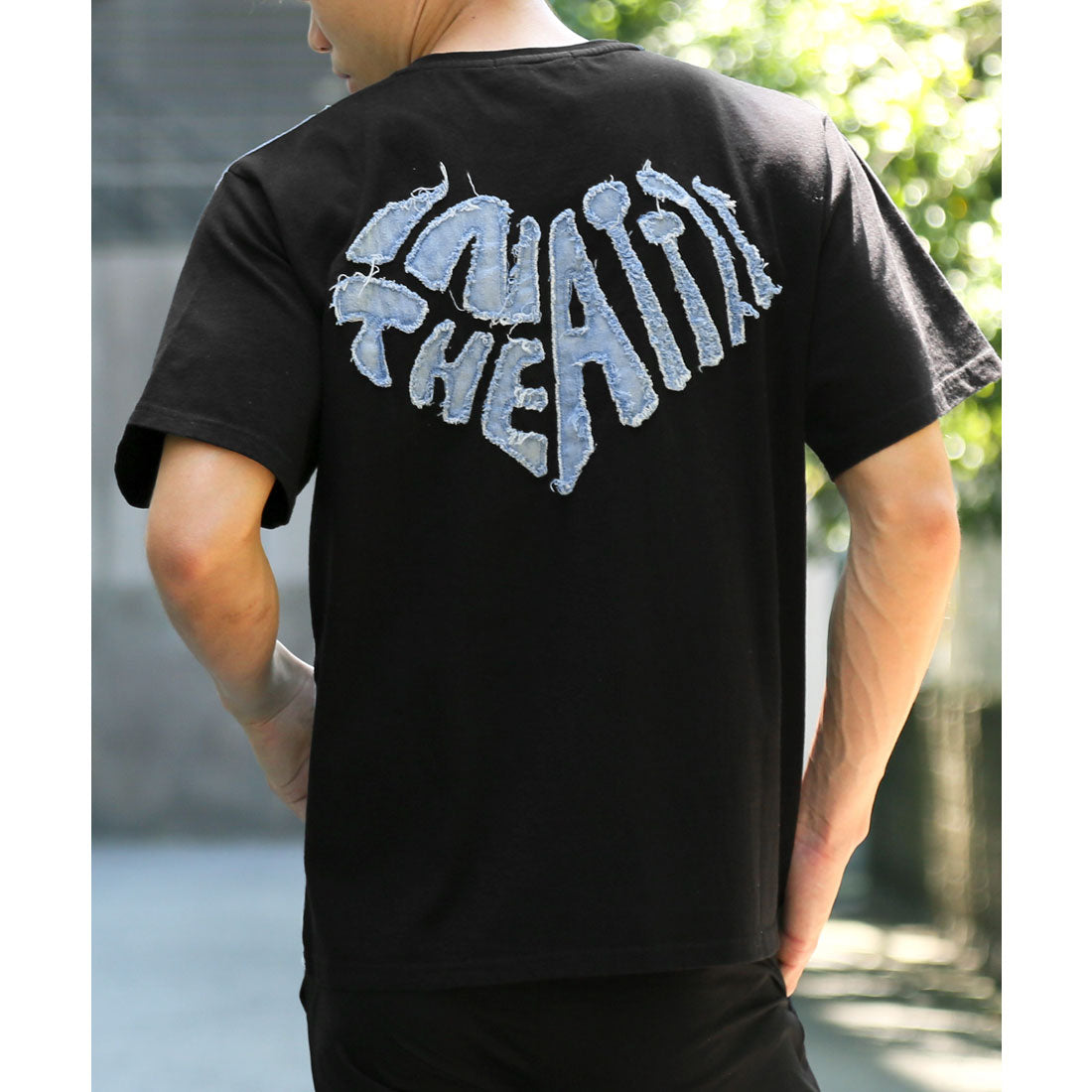 ラグスタイル LUXSTYLE バックデニムハートロゴアップリケ半袖Tシャツ/トップス カットソー メンズ デニム ハート アップリケ 切り替え リメイク風 配色 ロゴ 刺繍 綿 コットン （ブラック） ブラック