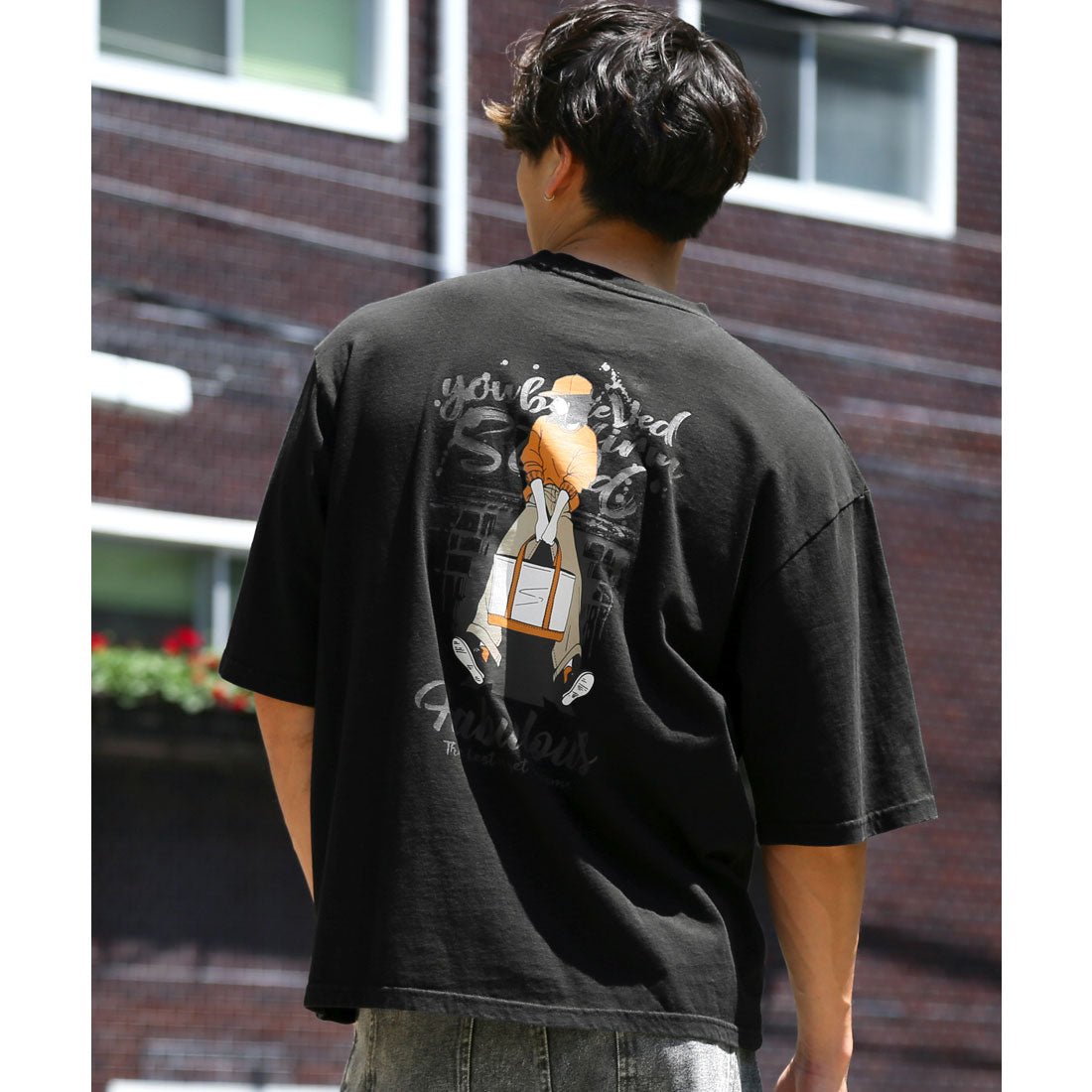 ラグスタイル LUXSTYLE ピグメントハードウォッシュGIRL半袖Tシャツ/半袖Tシャツ トップス ピグメント ハードウォッシュ ウォッシュ加工 ガール イラスト プリント ロゴ オーバーサイズ （ウォッシュブラック） ウォッシュブラック