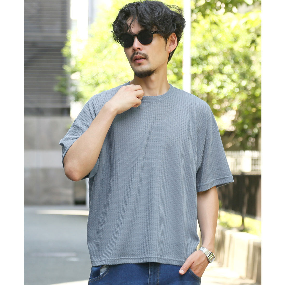 ラグスタイル LUXSTYLE サマーワッフル半袖Tシャツ/無地 ワッフル 夏 サマー ゆったり オーバーサイズ 丸首 クルーネック シンプル カジュアル （ブラック） ブラック