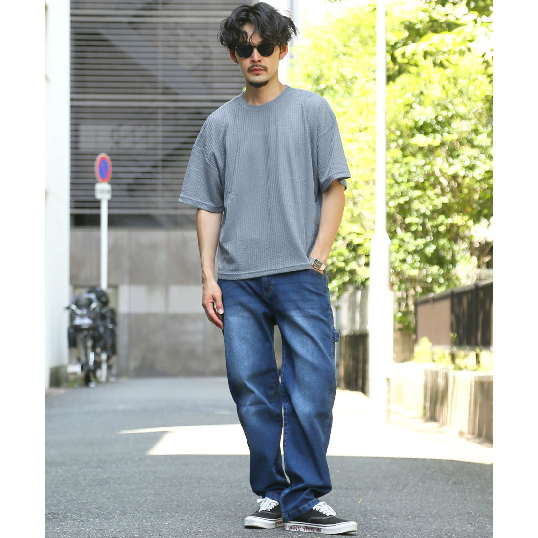 ラグスタイル LUXSTYLE サマーワッフル半袖Tシャツ/無地 ワッフル 夏 サマー ゆったり オーバーサイズ 丸首 クルーネック シンプル カジュアル （ブラック） ブラック