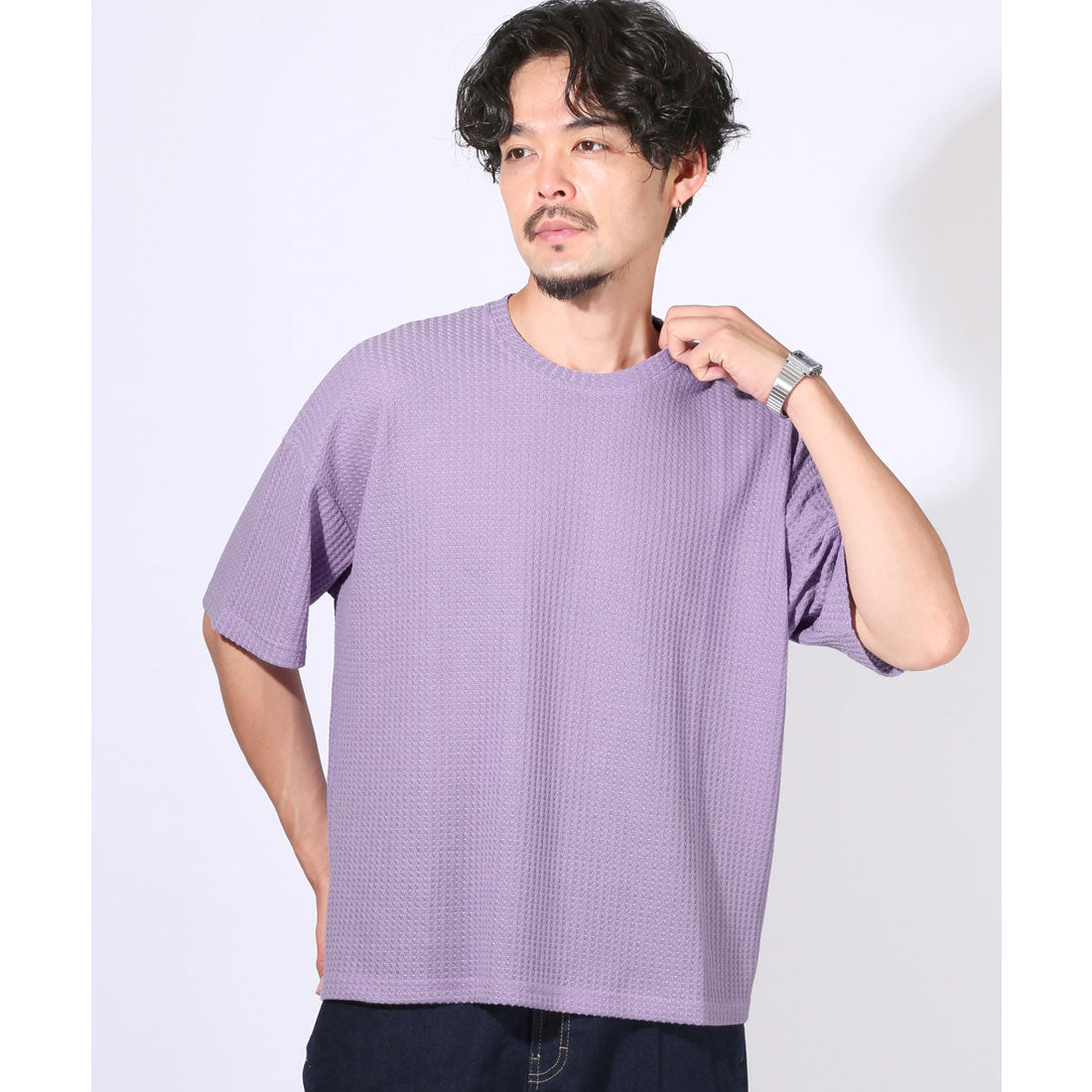 ラグスタイル LUXSTYLE サマーワッフル半袖Tシャツ/無地 ワッフル 夏 サマー ゆったり オーバーサイズ 丸首 クルーネック シンプル カジュアル （ブラック） ブラック