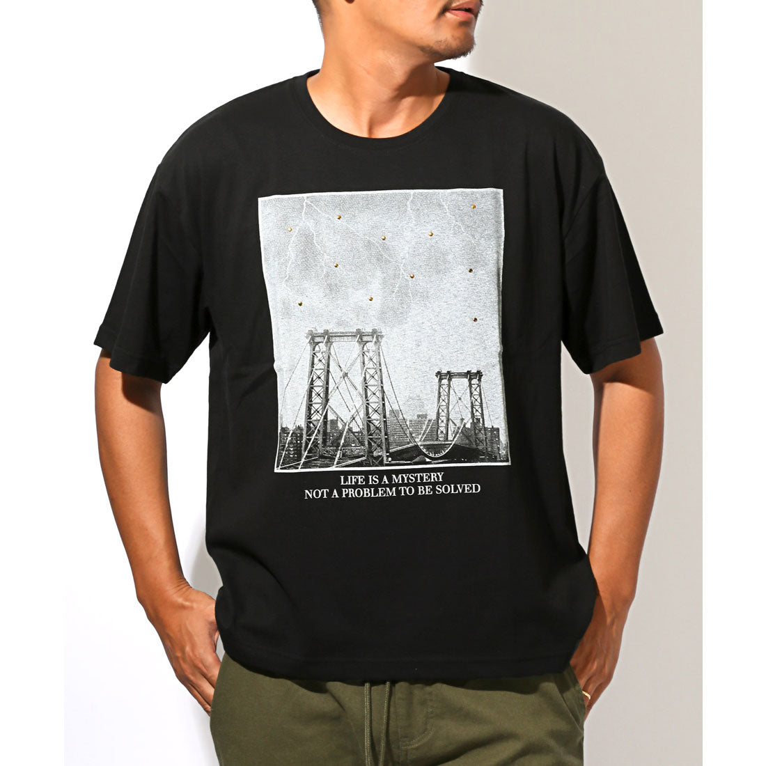 ラグスタイル LUXSTYLE メタルラインストーンフォトプリント半袖Tシャツ/トップス クルーネック フォトプリント メタル ラインストーン ニューヨーク NY 写真 風景 （Aブラック） Aブラック