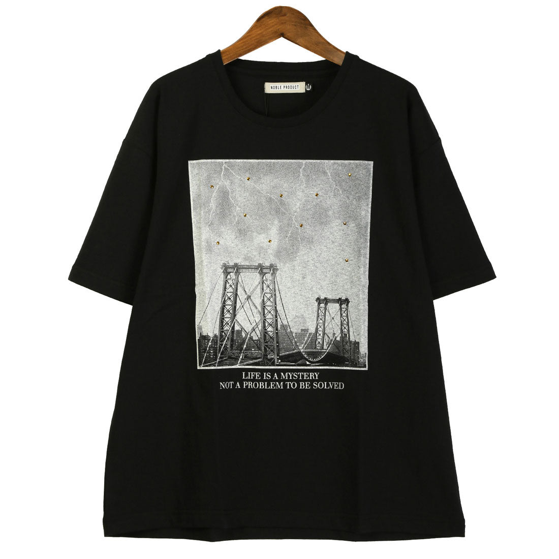 ラグスタイル LUXSTYLE メタルラインストーンフォトプリント半袖Tシャツ/トップス クルーネック フォトプリント メタル ラインストーン ニューヨーク NY 写真 風景 （Aブラック） Aブラック