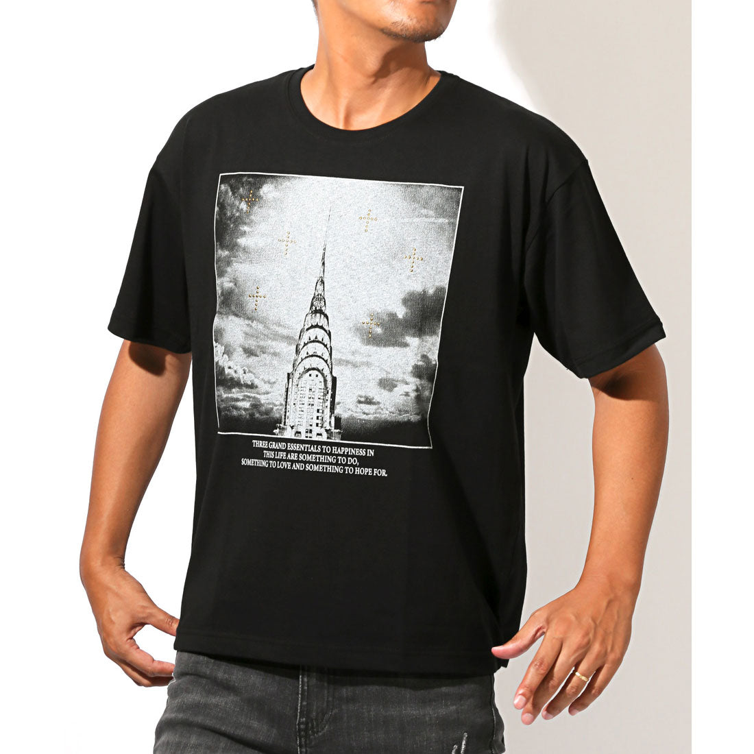 ラグスタイル LUXSTYLE メタルラインストーンフォトプリント半袖Tシャツ/トップス クルーネック フォトプリント メタル ラインストーン ニューヨーク NY 写真 風景 （Bブラック） Bブラック