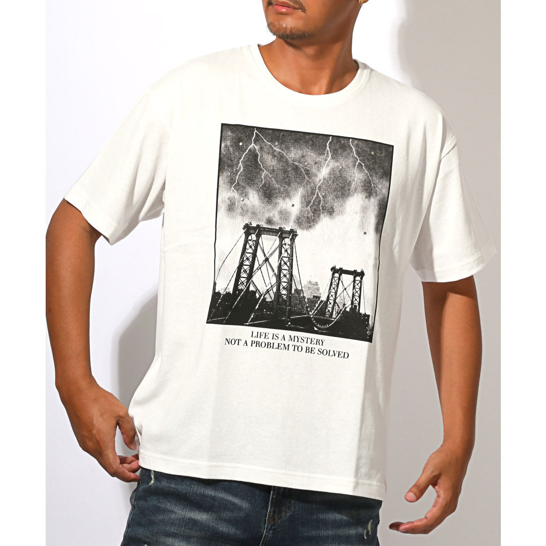 ラグスタイル LUXSTYLE メタルラインストーンフォトプリント半袖Tシャツ/トップス クルーネック フォトプリント メタル ラインストーン ニューヨーク NY 写真 風景 （Aホワイト） Aホワイト