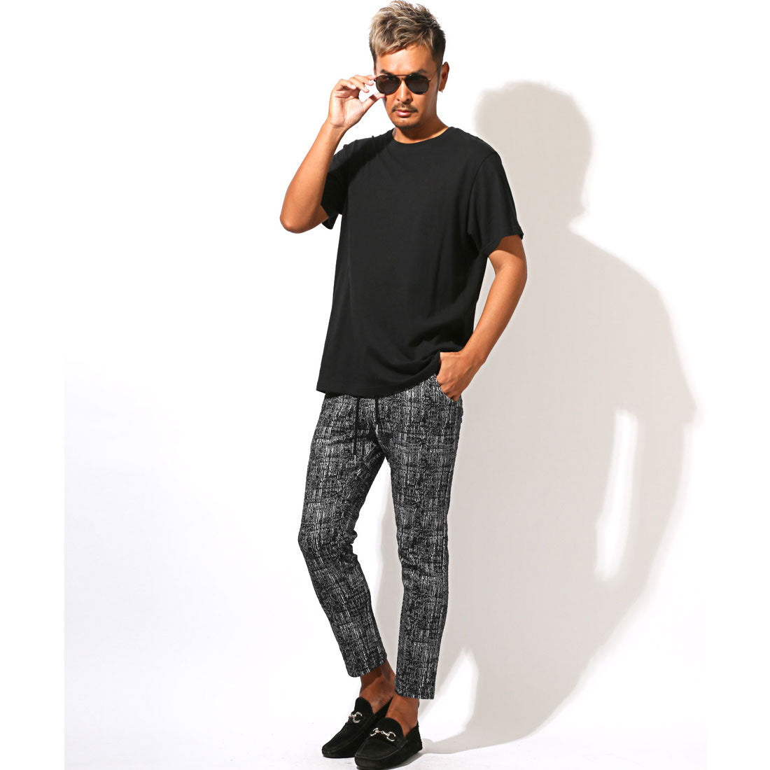 ラグスタイル LUXSTYLE モザイクチェックアンクルパンツ/テーパードパンツ スラックス トラウザー スキニーパンツ ストレッチ 伸縮性 モザイクチェック アンクル丈 （ブラック） ブラック