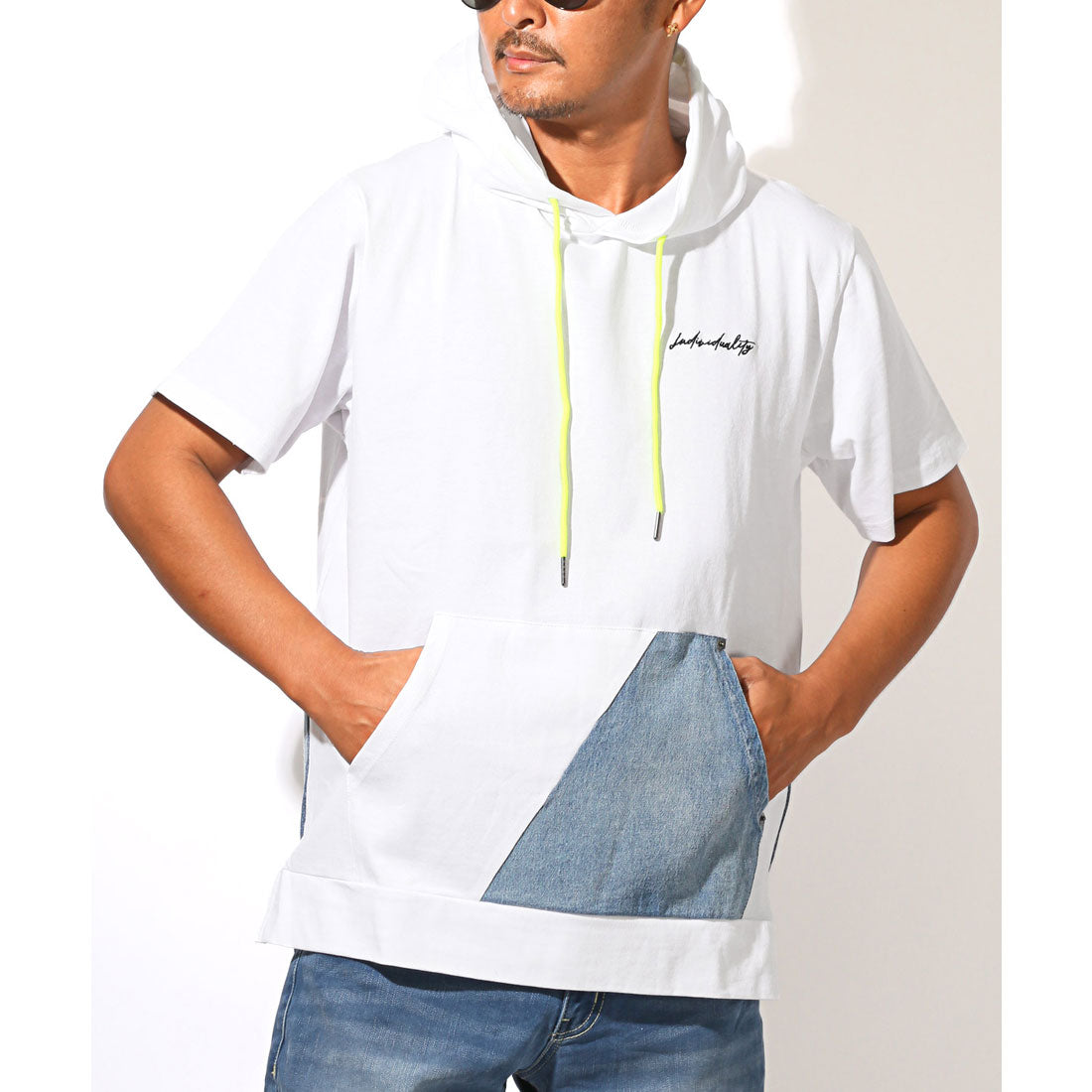 ラグスタイル LUXSTYLE フード付きデニム切替ポケット半袖Tシャツ/フーディ フード付き 蛍光色 ネオンカラー 差し色 刺繍 ロゴ デニム 切替 （ホワイト） ホワイト