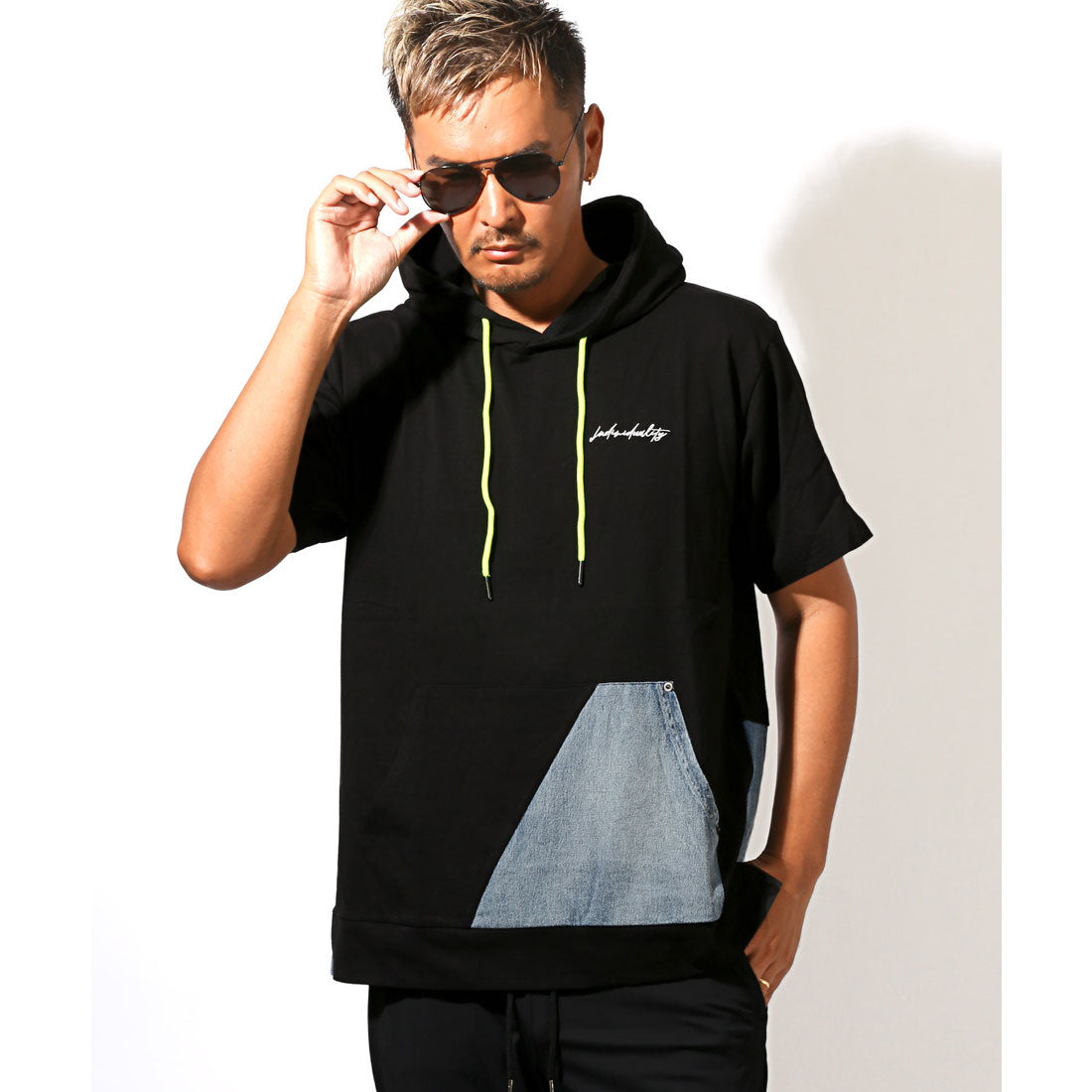 ラグスタイル LUXSTYLE フード付きデニム切替ポケット半袖Tシャツ/フーディ フード付き 蛍光色 ネオンカラー 差し色 刺繍 ロゴ デニム 切替 （ホワイト） ホワイト