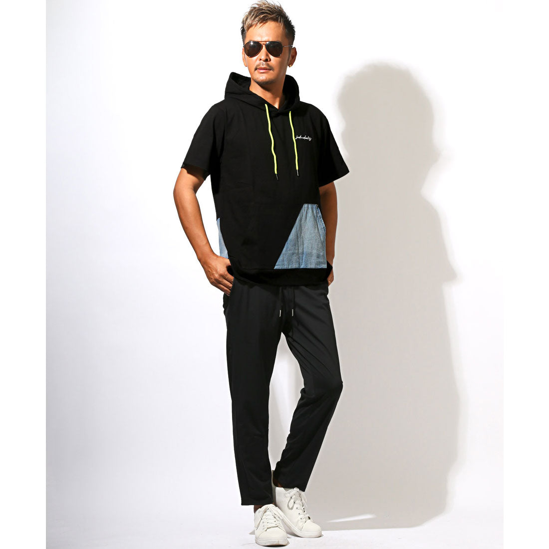 ラグスタイル LUXSTYLE フード付きデニム切替ポケット半袖Tシャツ/フーディ フード付き 蛍光色 ネオンカラー 差し色 刺繍 ロゴ デニム 切替 （ホワイト） ホワイト