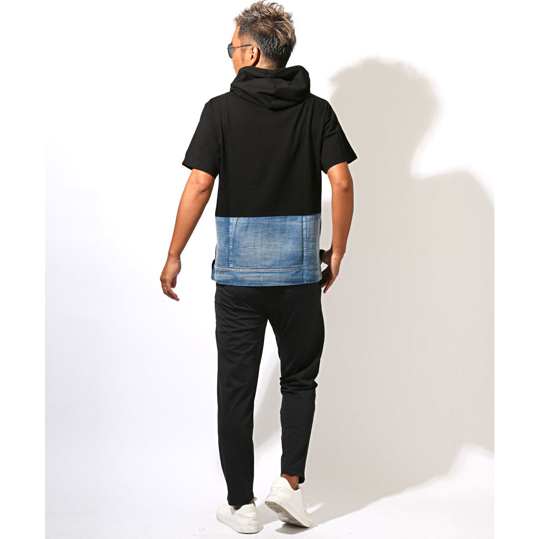 ラグスタイル LUXSTYLE フード付きデニム切替ポケット半袖Tシャツ/フーディ フード付き 蛍光色 ネオンカラー 差し色 刺繍 ロゴ デニム 切替 （ホワイト） ホワイト