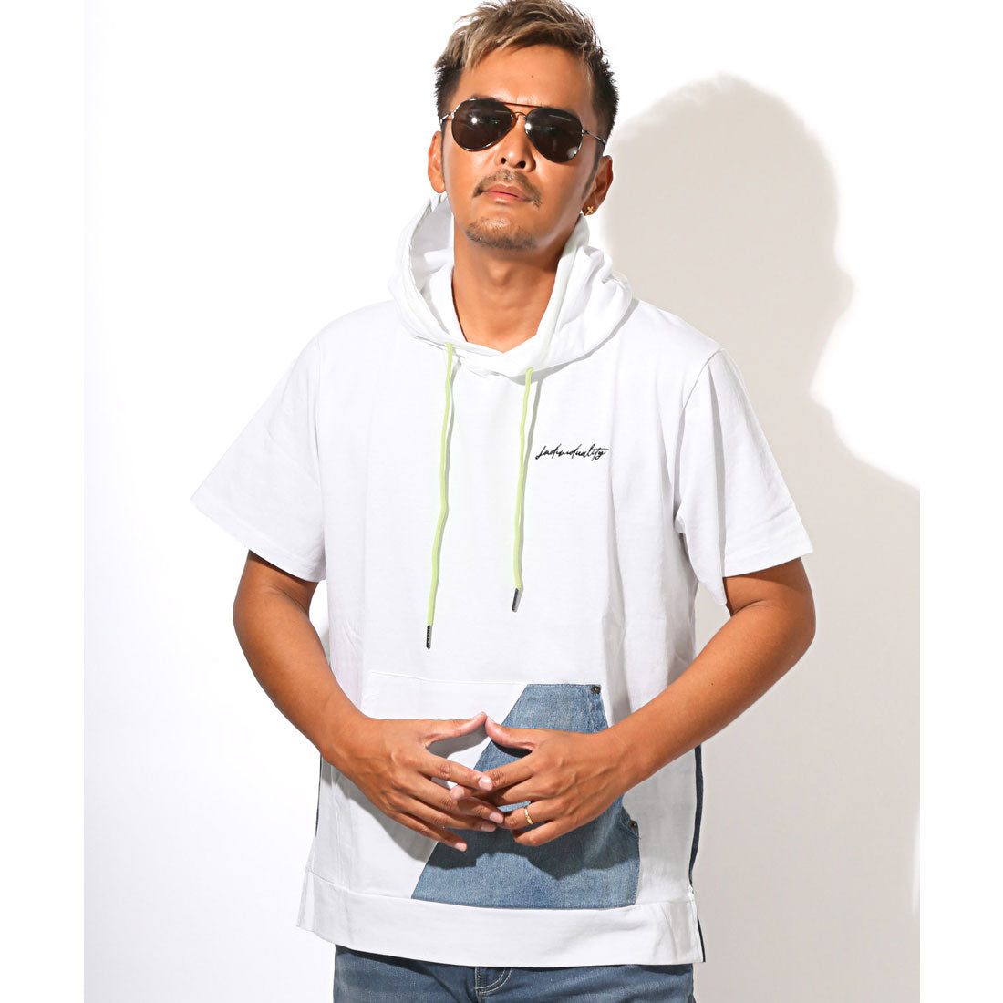 ラグスタイル LUXSTYLE フード付きデニム切替ポケット半袖Tシャツ/フーディ フード付き 蛍光色 ネオンカラー 差し色 刺繍 ロゴ デニム 切替 （ホワイト） ホワイト
