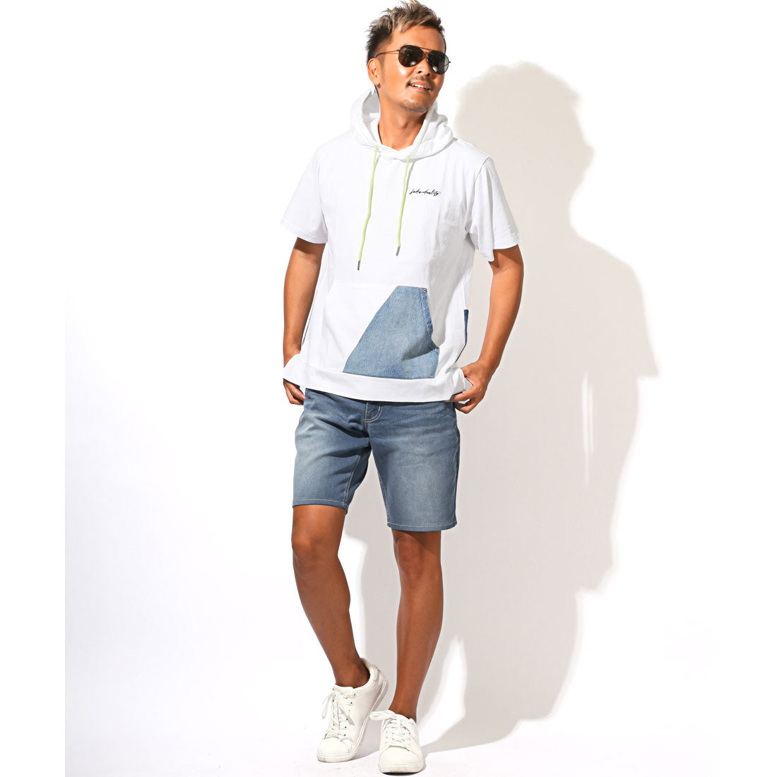 ラグスタイル LUXSTYLE フード付きデニム切替ポケット半袖Tシャツ/フーディ フード付き 蛍光色 ネオンカラー 差し色 刺繍 ロゴ デニム 切替 （ホワイト） ホワイト