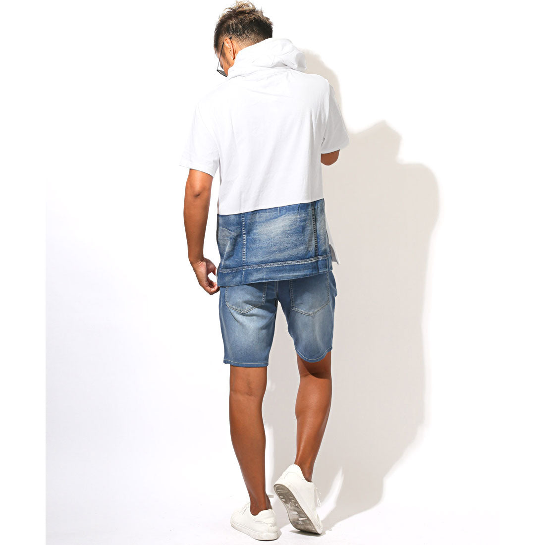 ラグスタイル LUXSTYLE フード付きデニム切替ポケット半袖Tシャツ/フーディ フード付き 蛍光色 ネオンカラー 差し色 刺繍 ロゴ デニム 切替 （ホワイト） ホワイト
