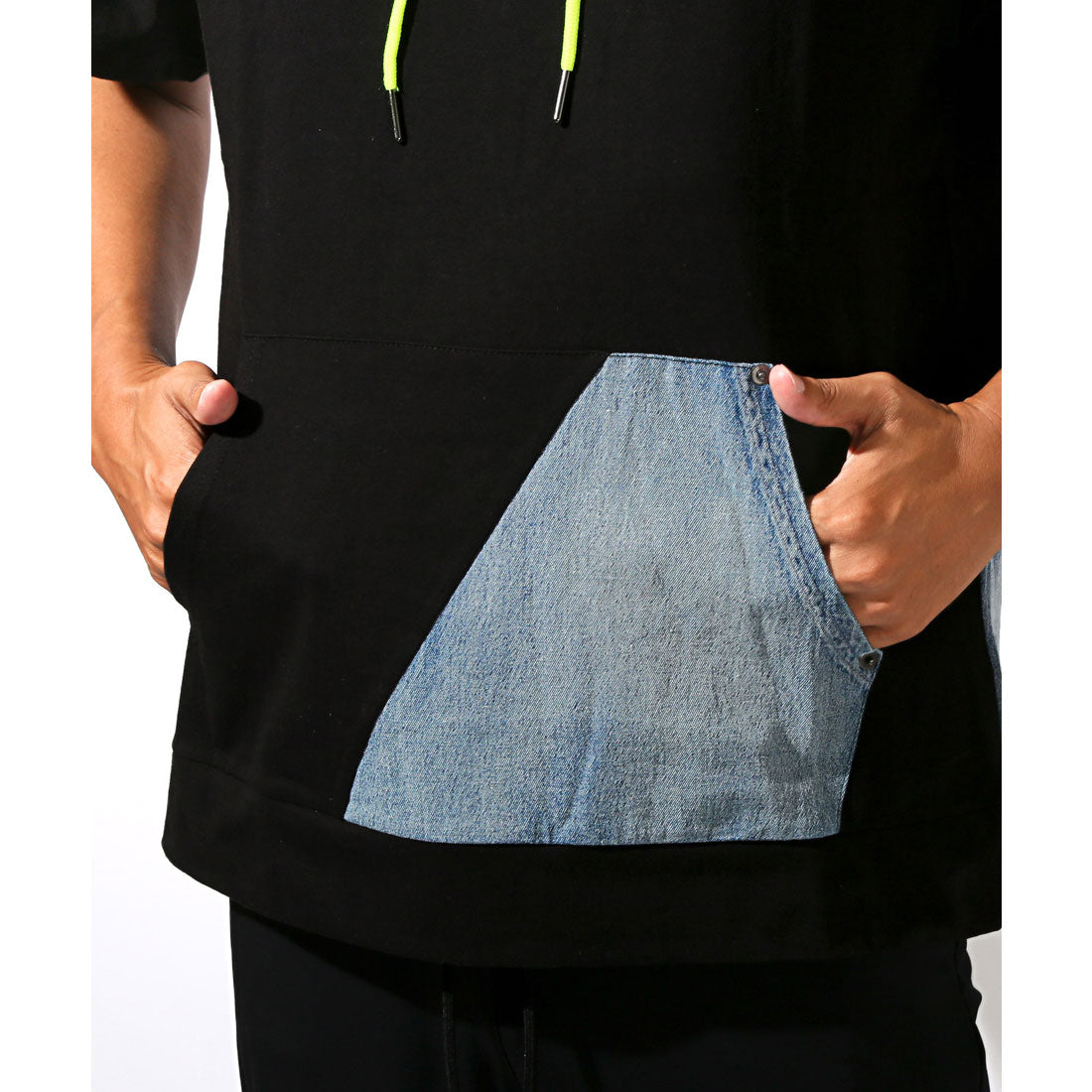 ラグスタイル LUXSTYLE フード付きデニム切替ポケット半袖Tシャツ/フーディ フード付き 蛍光色 ネオンカラー 差し色 刺繍 ロゴ デニム 切替 （ホワイト） ホワイト