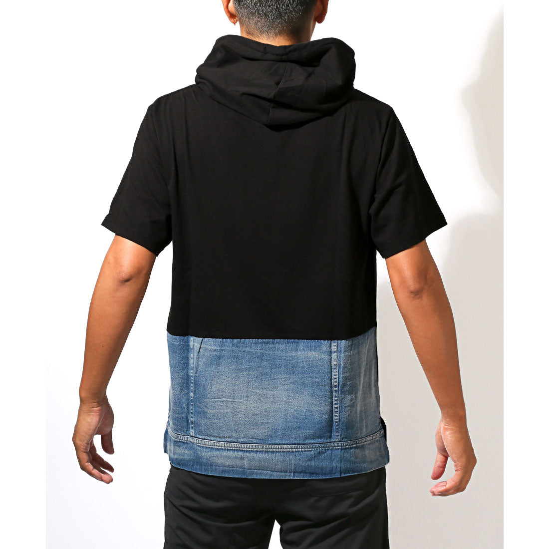ラグスタイル LUXSTYLE フード付きデニム切替ポケット半袖Tシャツ/フーディ フード付き 蛍光色 ネオンカラー 差し色 刺繍 ロゴ デニム 切替 （ホワイト） ホワイト