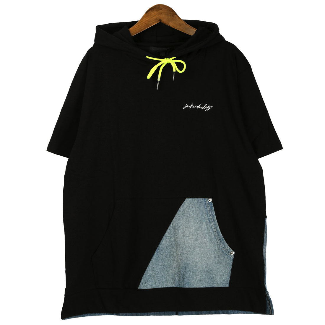ラグスタイル LUXSTYLE フード付きデニム切替ポケット半袖Tシャツ/フーディ フード付き 蛍光色 ネオンカラー 差し色 刺繍 ロゴ デニム 切替 （ホワイト） ホワイト