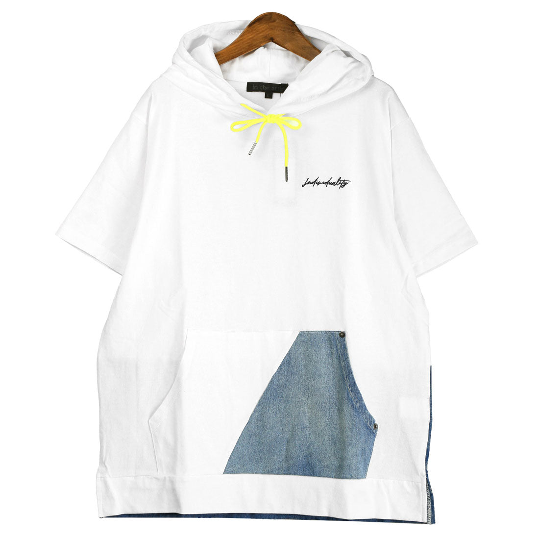 ラグスタイル LUXSTYLE フード付きデニム切替ポケット半袖Tシャツ/フーディ フード付き 蛍光色 ネオンカラー 差し色 刺繍 ロゴ デニム 切替 （ホワイト） ホワイト