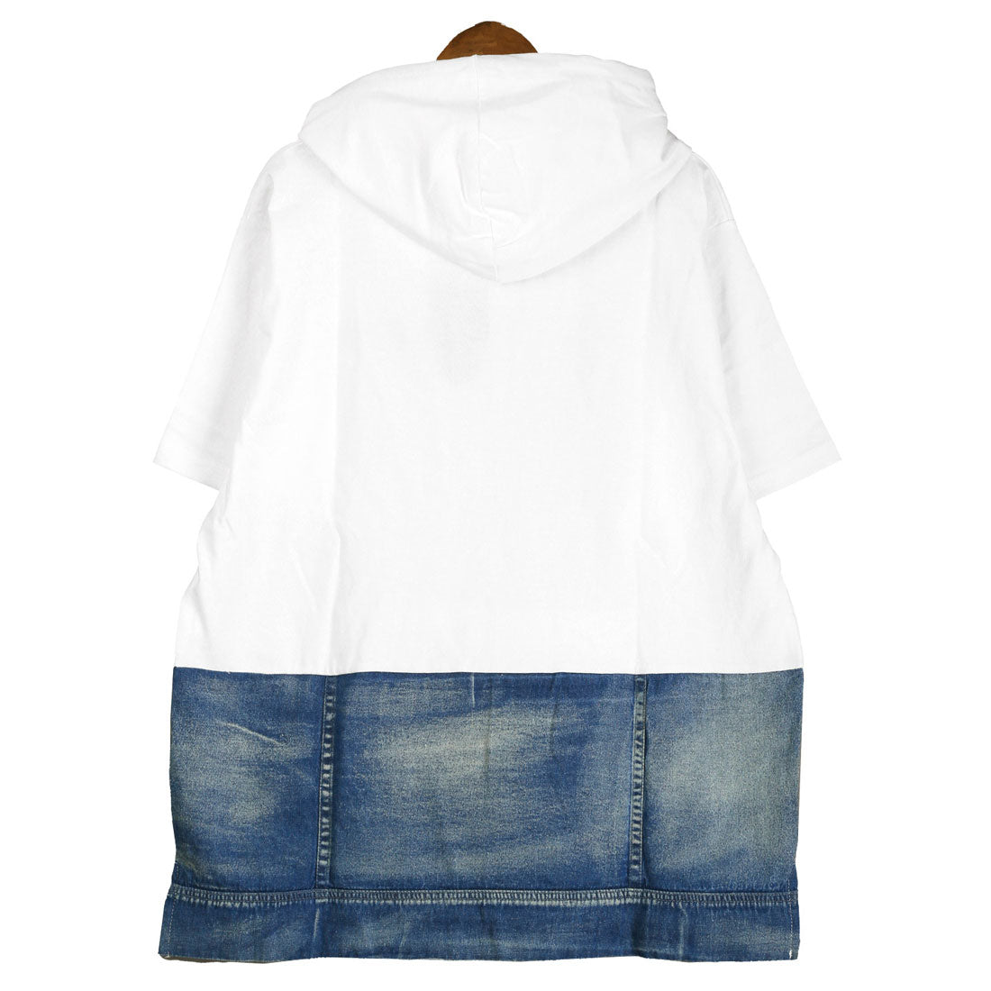 ラグスタイル LUXSTYLE フード付きデニム切替ポケット半袖Tシャツ/フーディ フード付き 蛍光色 ネオンカラー 差し色 刺繍 ロゴ デニム 切替 （ホワイト） ホワイト