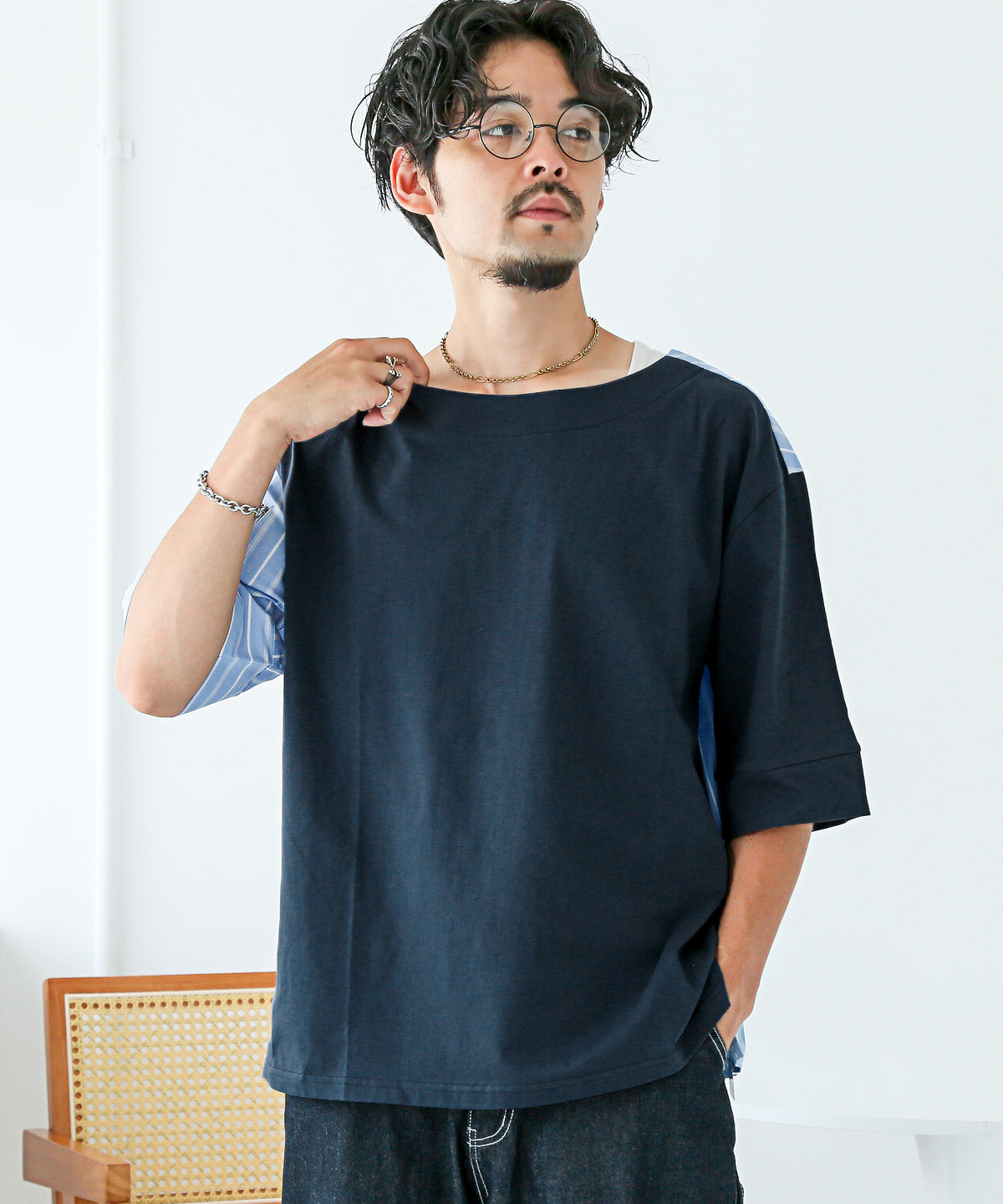 ラグスタイル LUXSTYLE 2way無地×ストライプ切替半袖Tシャツ/カットソー トップス 五分袖 5分袖 オーバーサイズ 大きいサイズ 切替 切り替え 2way リバーシブル （ブルー） ブルー