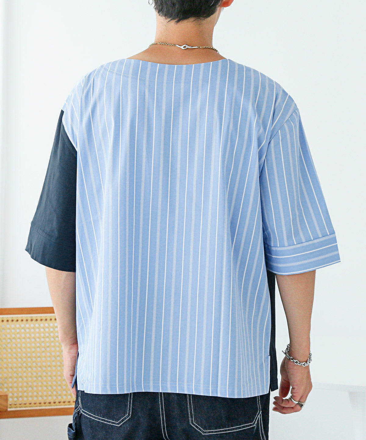ラグスタイル LUXSTYLE 2way無地×ストライプ切替半袖Tシャツ/カットソー トップス 五分袖 5分袖 オーバーサイズ 大きいサイズ 切替 切り替え 2way リバーシブル （ブルー） ブルー