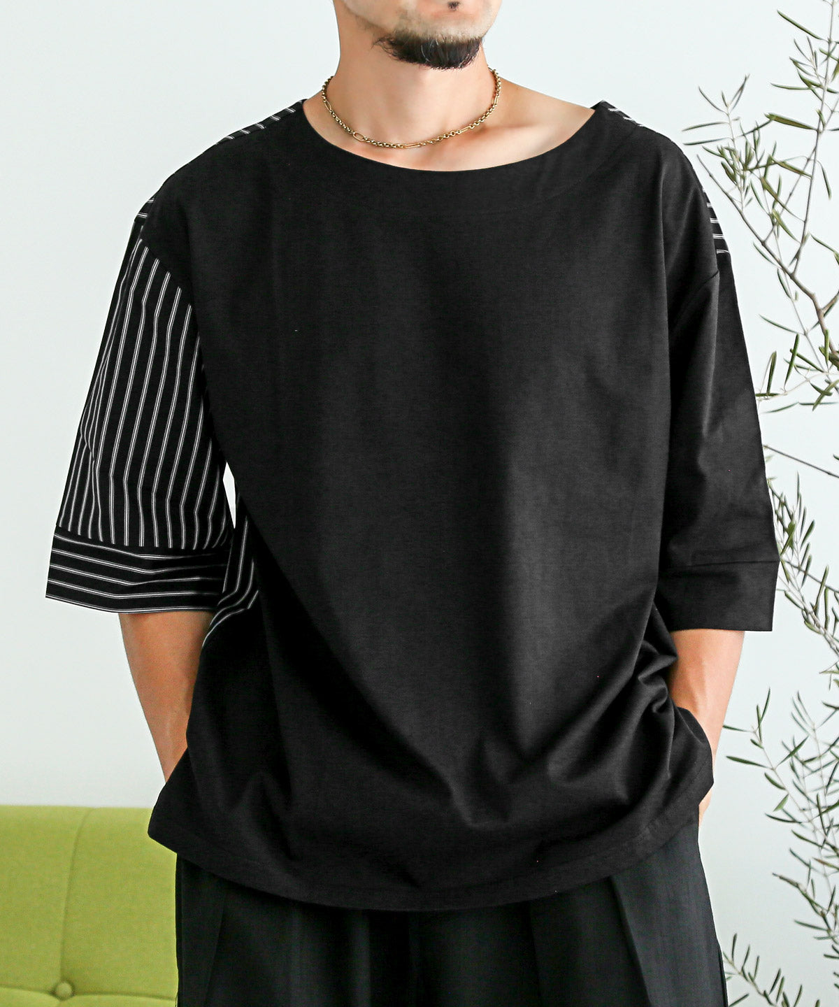 ラグスタイル LUXSTYLE 2way無地×ストライプ切替半袖Tシャツ/カットソー トップス 五分袖 5分袖 オーバーサイズ 大きいサイズ 切替 切り替え 2way リバーシブル （ブラック） ブラック