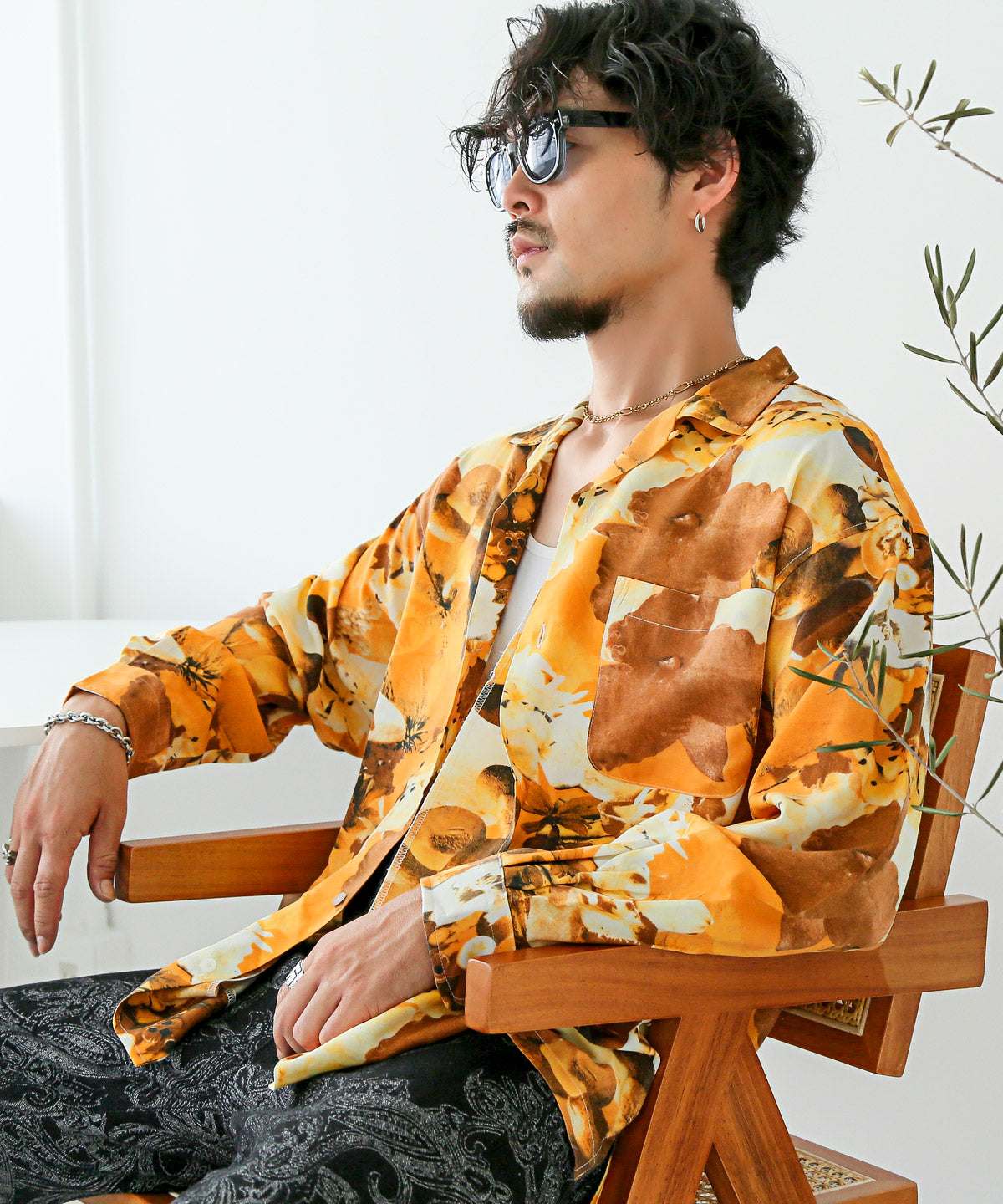 ラグスタイル LUXSTYLE 総柄フルーツプリント長袖開襟シャツ/開襟 オープンカラー 柄シャツ 総柄 フルーツ柄シャツ レーヨンシャツ アロハシャツ （イエロー） イエロー