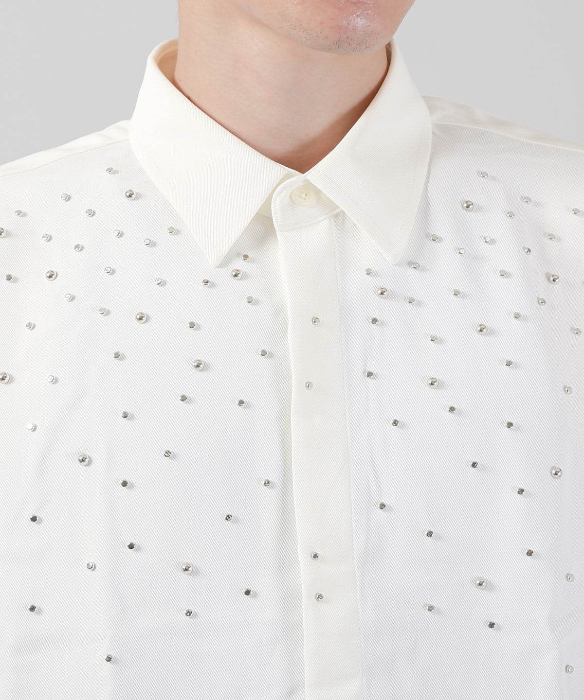 ラグスタイル LUXSTYLE メタルパールストーン長袖シャツ/長袖シャツ カジュアルシャツ おしゃれ メタル パール ストーン ラインストーン ビジュー ビーズ 装飾付き （ホワイト） ホワイト