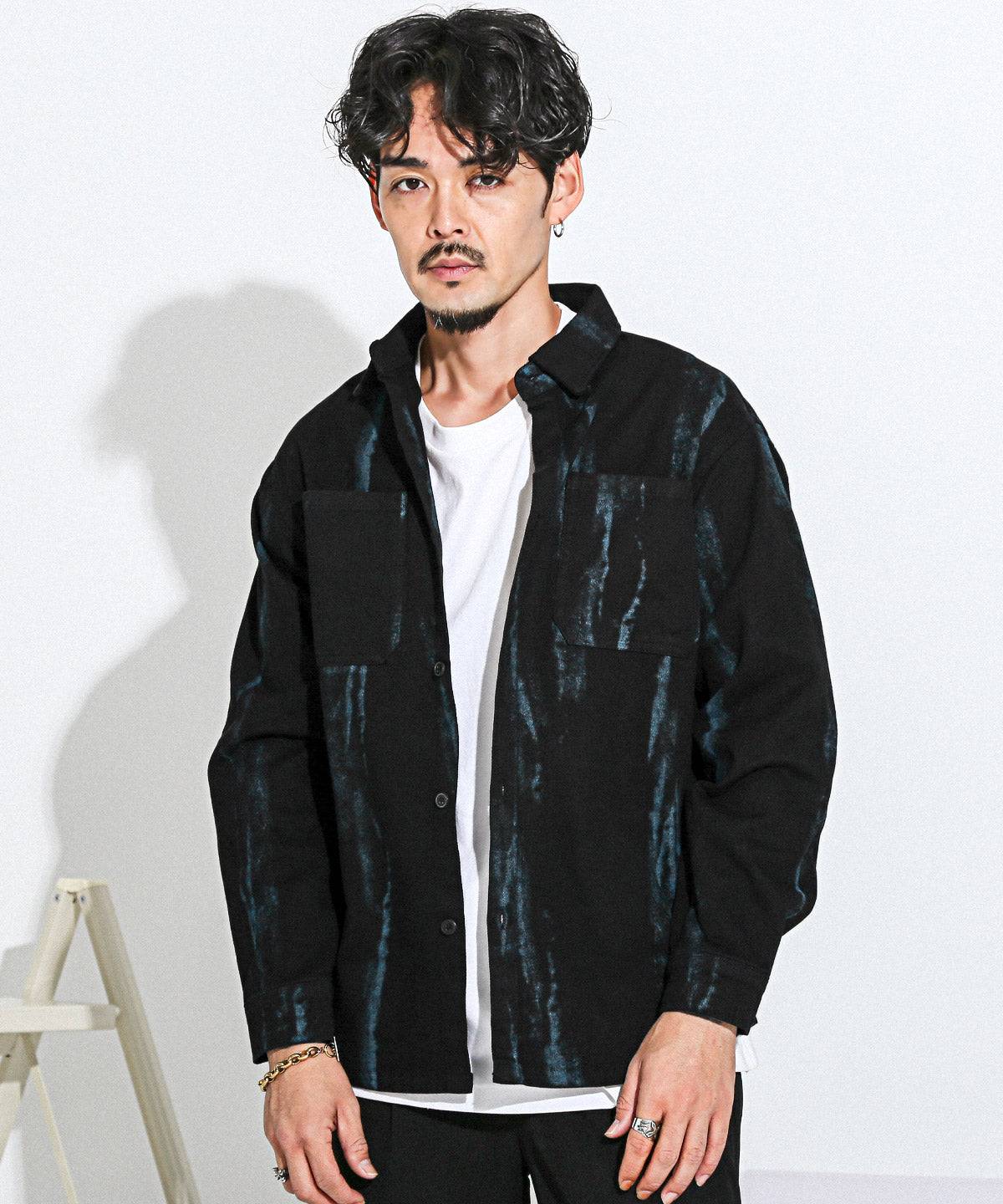 ラグスタイル LUXSTYLE グランジペイント加工ブラックデニムシャツ/デニムシャツ カジュアルシャツ メンズ 長袖 綿100％ コットン レギュラーカラー 羽織り グランジ加工 （ブルー） ブルー