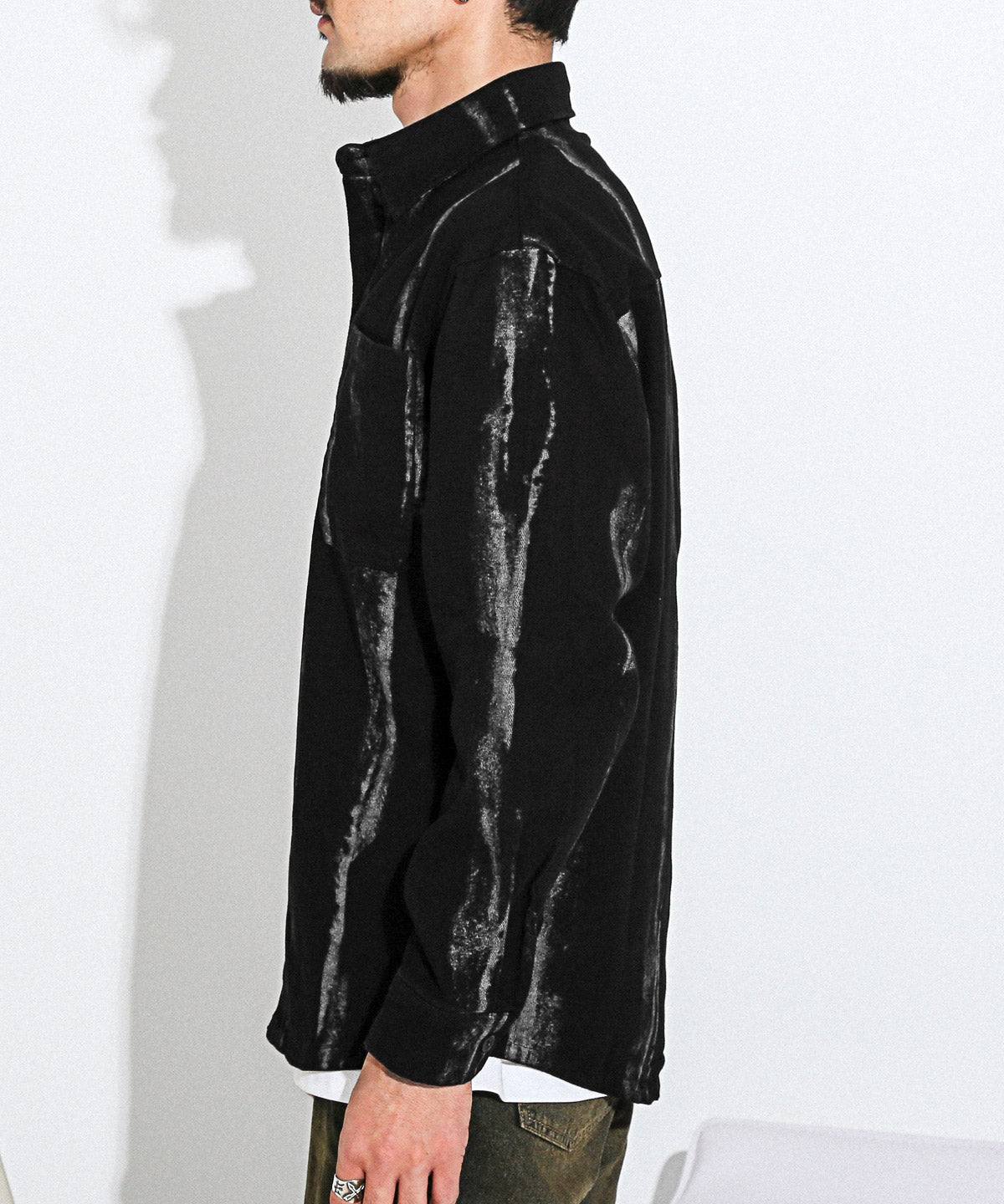 ラグスタイル LUXSTYLE グランジペイント加工ブラックデニムシャツ/デニムシャツ カジュアルシャツ メンズ 長袖 綿100％ コットン レギュラーカラー 羽織り グランジ加工 （ブルー） ブルー