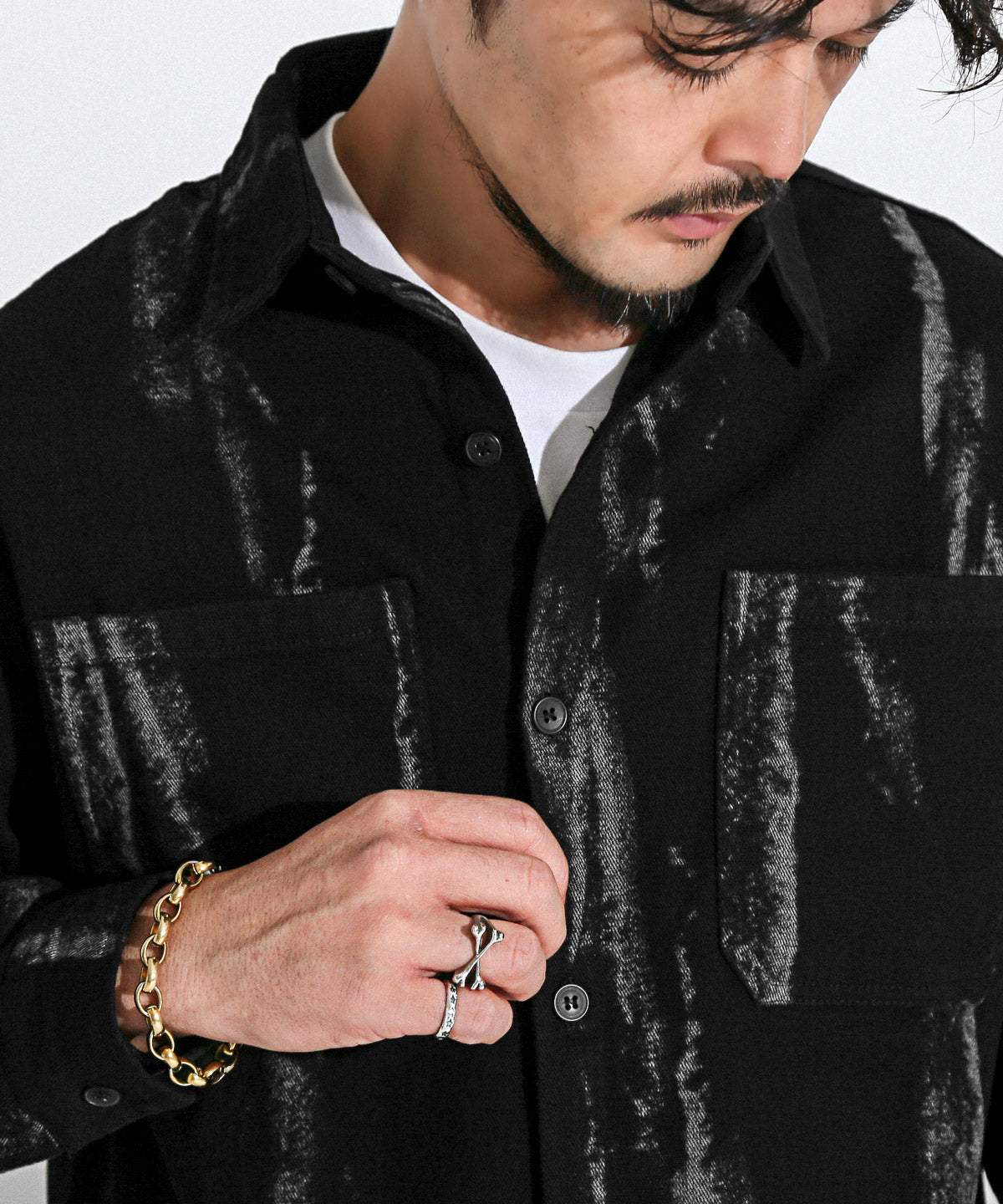 ラグスタイル LUXSTYLE グランジペイント加工ブラックデニムシャツ/デニムシャツ カジュアルシャツ メンズ 長袖 綿100％ コットン レギュラーカラー 羽織り グランジ加工 （ブルー） ブルー