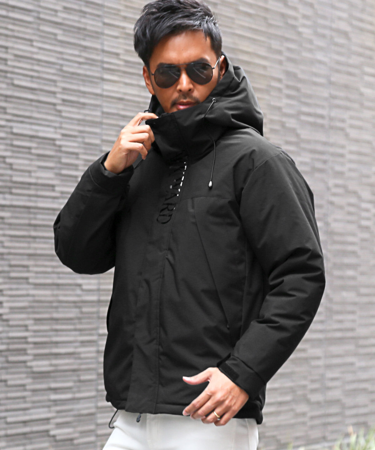 ラグスタイル LUXSTYLE 光沢ロゴプリント中綿マウンテンパーカー/アウター フェイクダウン 暖か あったか 撥水 防風 防寒 ロゴ プリント 厚手 大きいサイズ フード付き （ブラック） ブラック