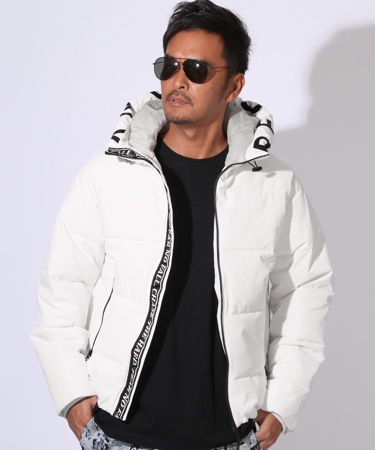 ラグスタイル LUXSTYLE フードロゴプリント中綿ブルゾン/フェイクダウン 暖か あったか 撥水 防風 フード付き ロゴ プリント 大きいサイズ 厚手 （ホワイト） ホワイト