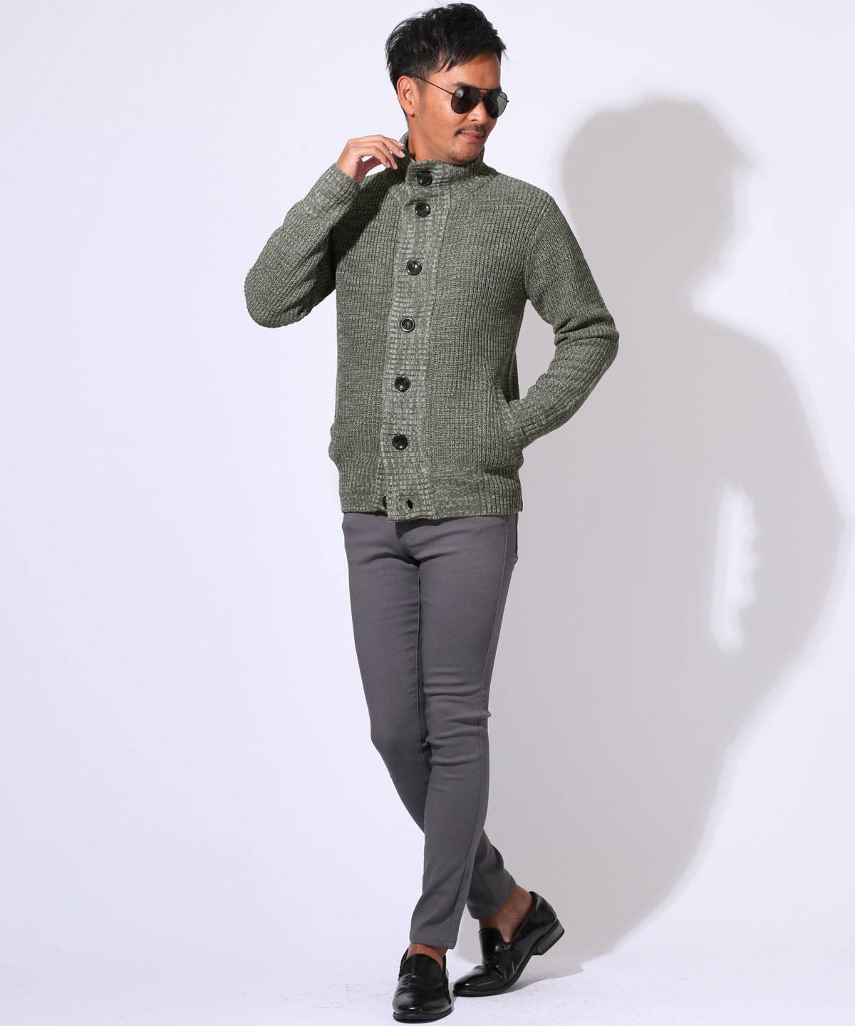 ラグスタイル LUXSTYLE 畦編みニットカーディガン/カーデ 畦編み 片畦 スタンドネック 長袖 無地 杢 ミックス アクリル100％ ボタン 暖か あったか おしゃれ （ベージュミックス） ベージュミックス