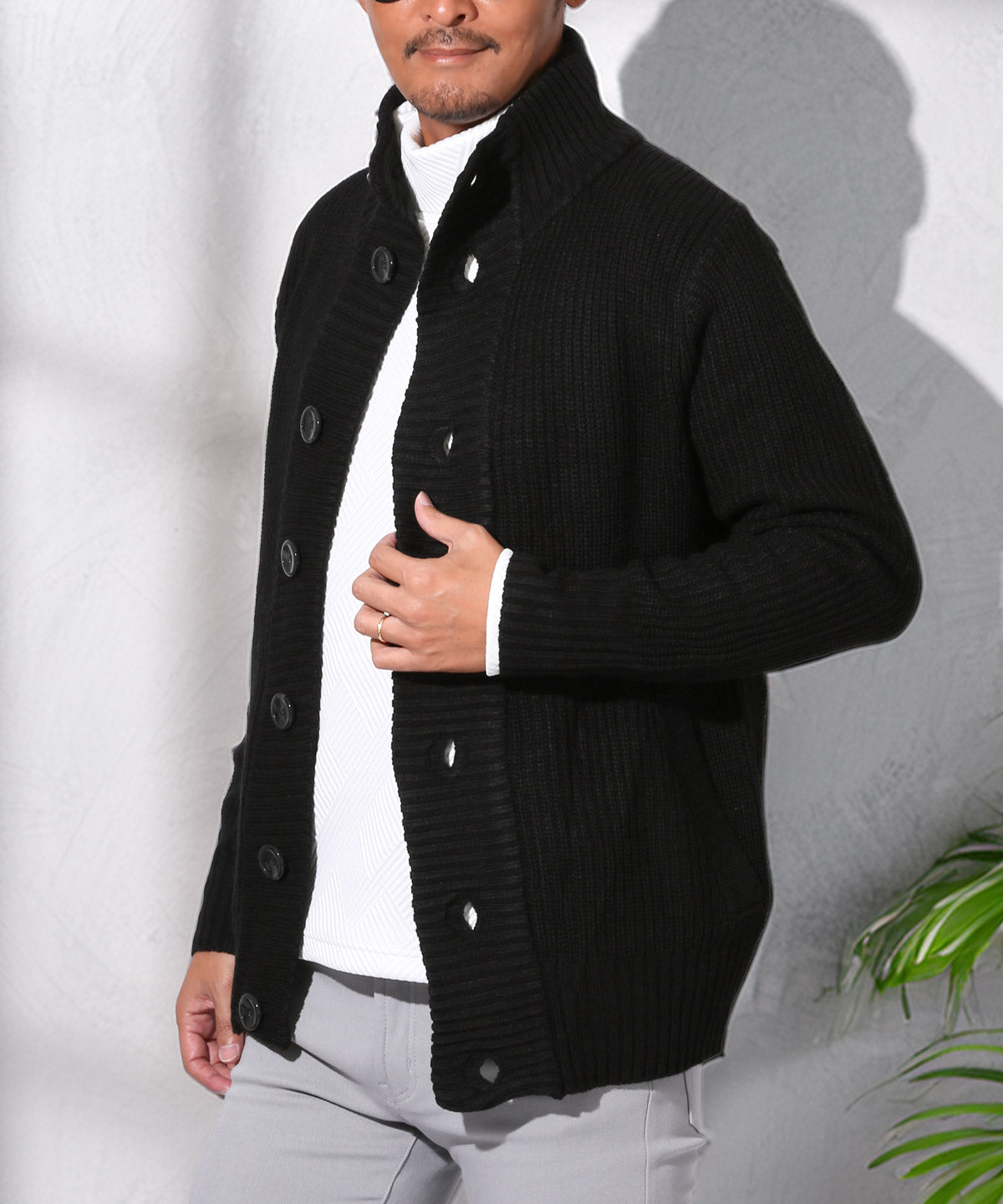 ラグスタイル LUXSTYLE 畦編みニットカーディガン/カーデ 畦編み 片畦 スタンドネック 長袖 無地 杢 ミックス アクリル100％ ボタン 暖か あったか おしゃれ （ブラック） ブラック