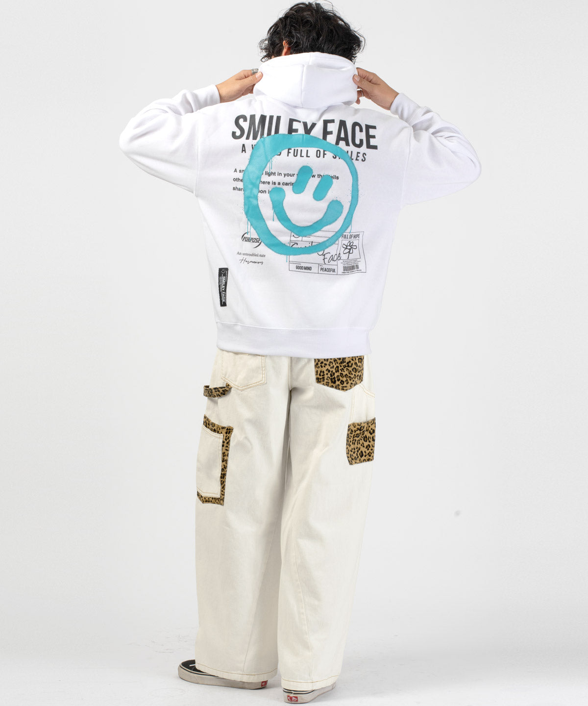 ラグスタイル LUXSTYLE ポケットヒョウ柄切替カーブパンツ/ワークパンツ バレルパンツ レオパード ヒョウ柄 太め ワイド ウエストゴム 綿100％ （ホワイト） ホワイト