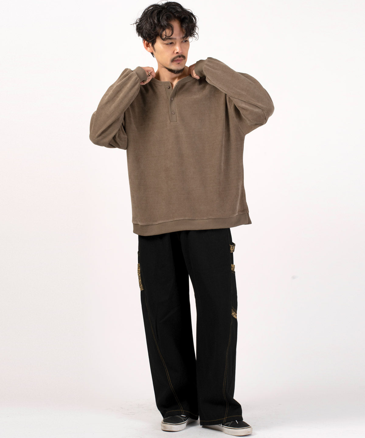 ラグスタイル LUXSTYLE ポケットヒョウ柄切替カーブパンツ/ワークパンツ バレルパンツ レオパード ヒョウ柄 太め ワイド ウエストゴム 綿100％ （ホワイト） ホワイト