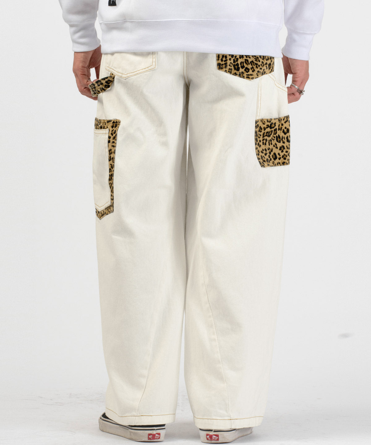 ラグスタイル LUXSTYLE ポケットヒョウ柄切替カーブパンツ/ワークパンツ バレルパンツ レオパード ヒョウ柄 太め ワイド ウエストゴム 綿100％ （ホワイト） ホワイト