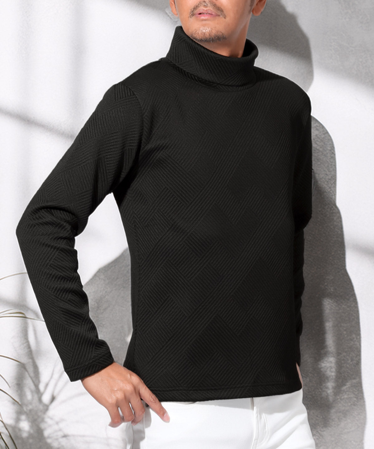 ラグスタイル LUXSTYLE 幾何学キルトタートルネックロンT/トップス 幾何学 模様 総柄 無地 キルト キルティング シンプル きれいめ （ブラック） ブラック