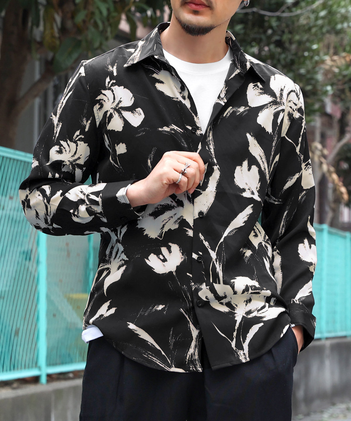 ラグスタイル LUXSTYLE 総柄長袖シャツ/総柄 ストライプ フラワー 花柄 プリント レギュラーカラー ドレープ キレイめ とろみ感 おしゃれ （5） 5