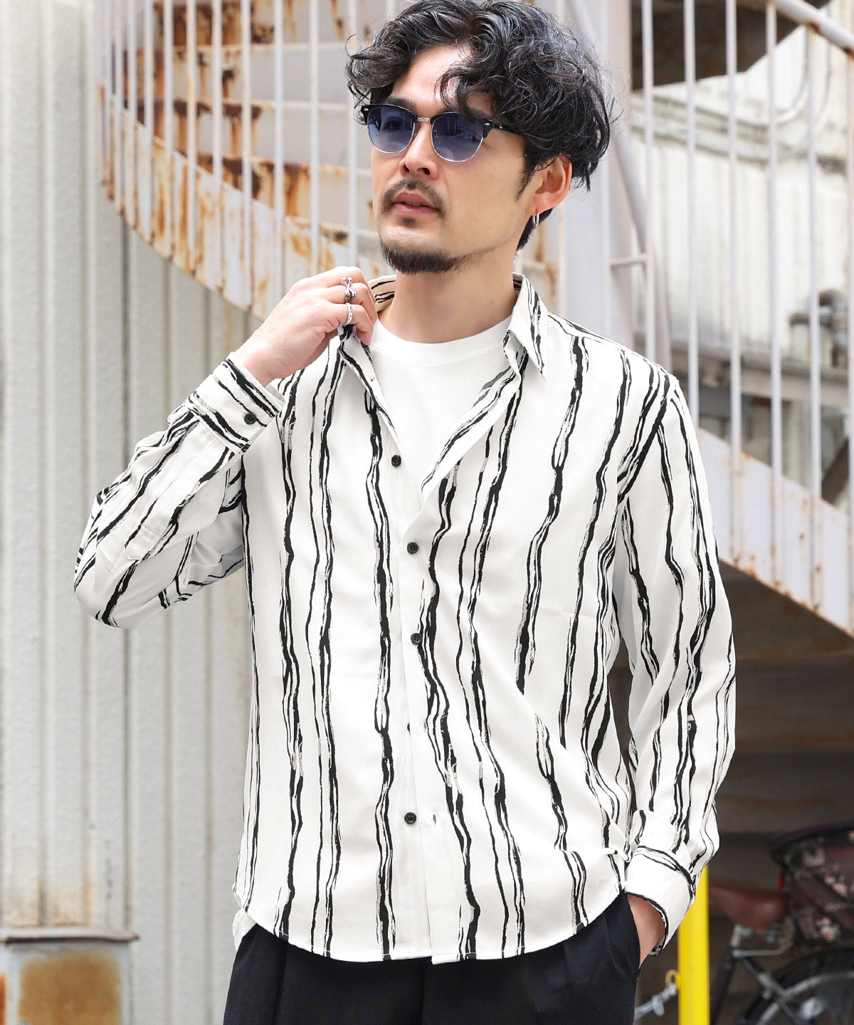 ラグスタイル LUXSTYLE 総柄長袖シャツ/総柄 ストライプ フラワー 花柄 プリント レギュラーカラー ドレープ キレイめ とろみ感 おしゃれ （5） 5