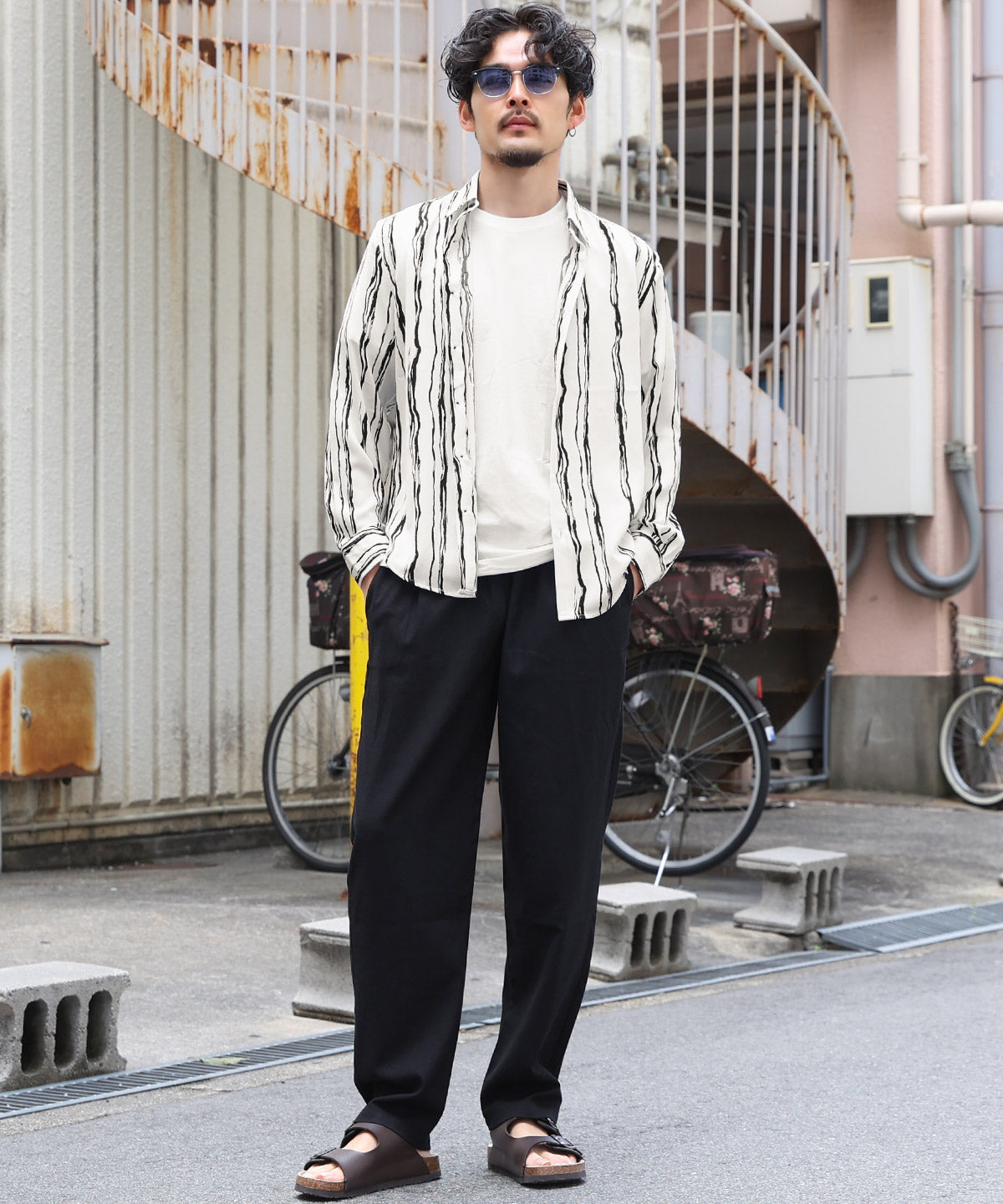 ラグスタイル LUXSTYLE 総柄長袖シャツ/総柄 ストライプ フラワー 花柄 プリント レギュラーカラー ドレープ キレイめ とろみ感 おしゃれ （5） 5